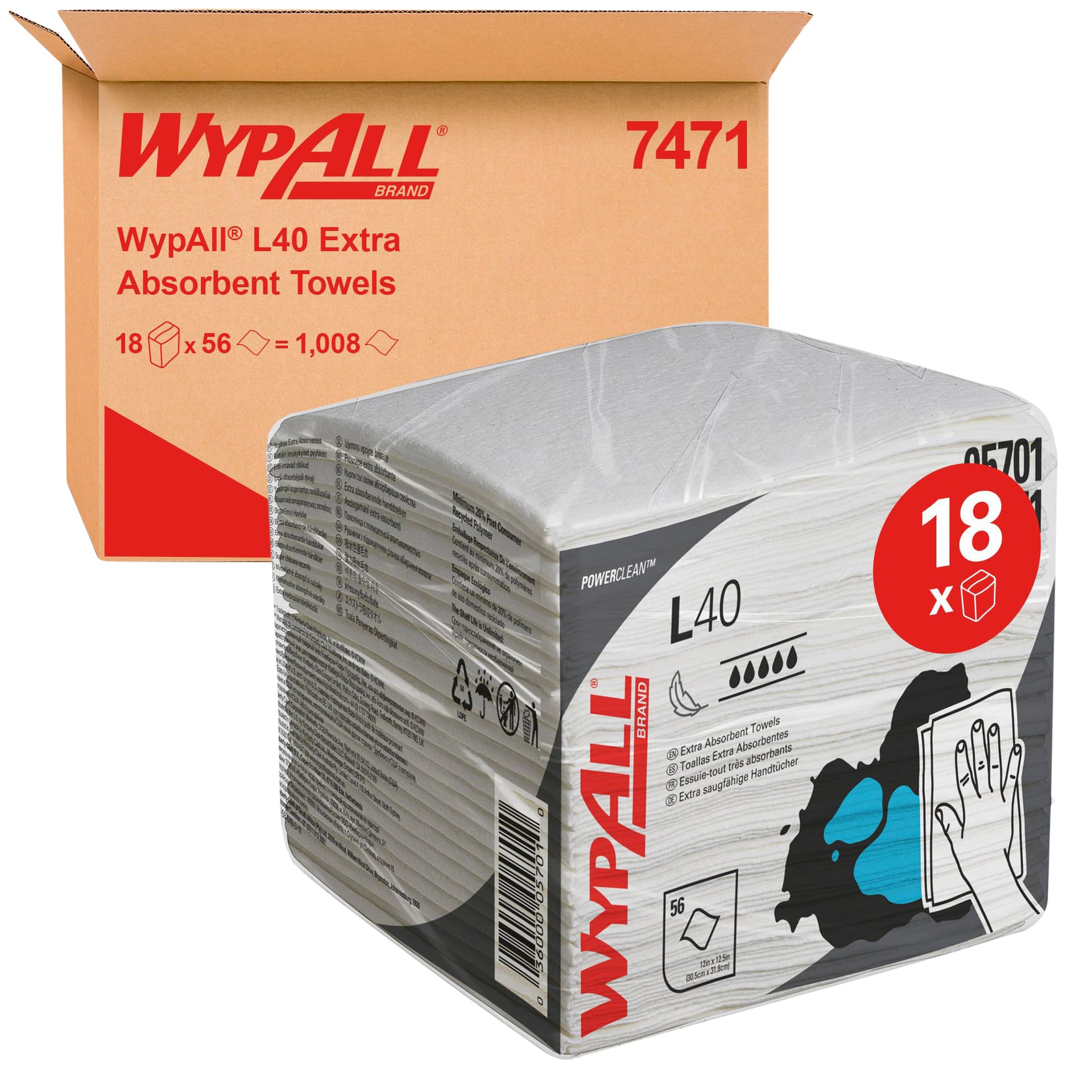 Reinigingsdoek WypAll L40 PowerClean 1-laags 18x56 vel wit 7471