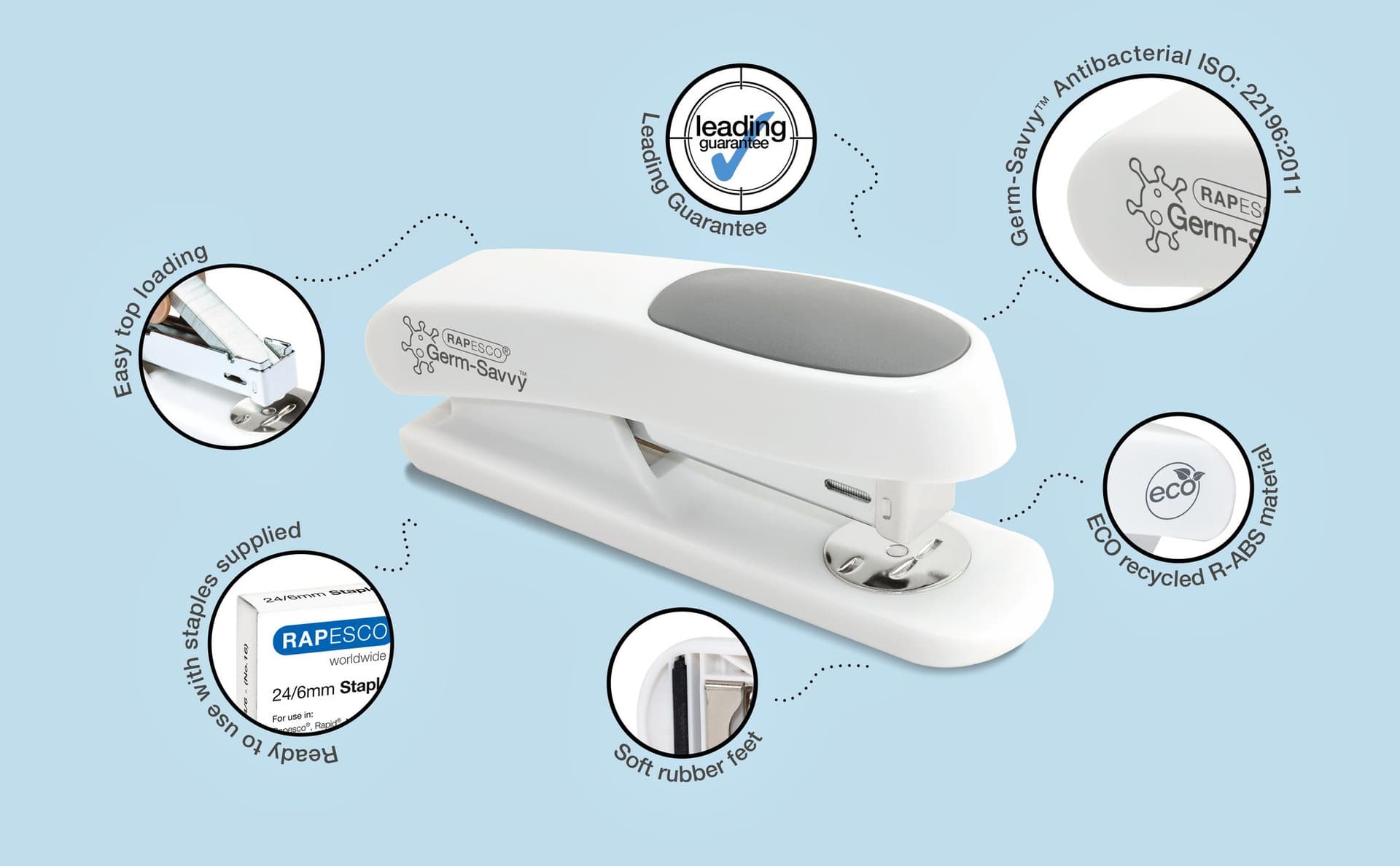 Nietmachine Rapesco Germ-Savvy Less Effort Eco Sting Ray antibacterieel wit 4