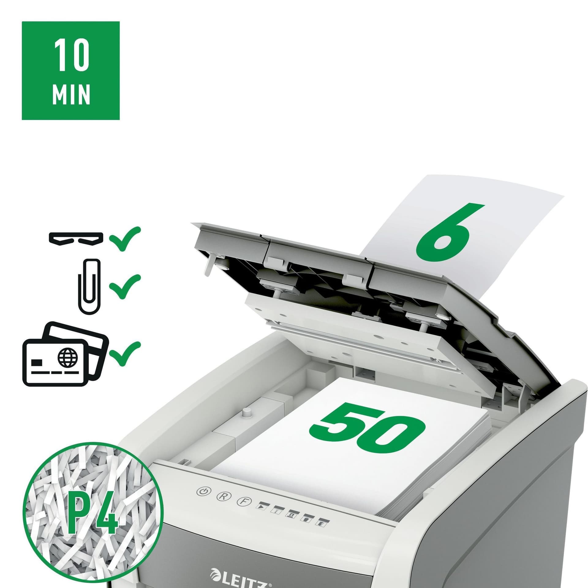 Papiervernietiger Leitz IQ Auto+ Small Office 50X P4 snippers 4x28mm 10