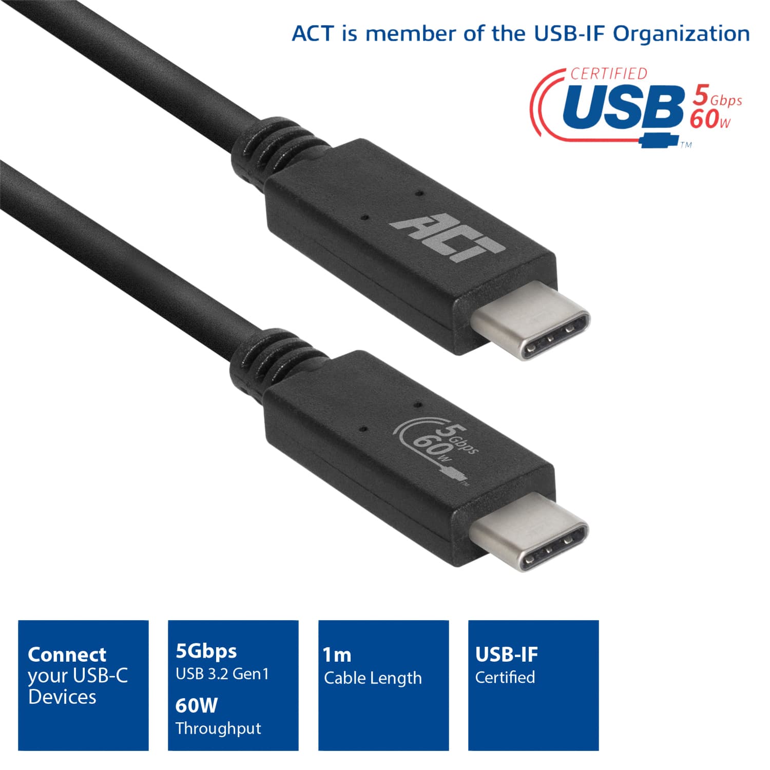 Kabel ACT USB 3.2 USB-C USB-IF gecertificeerd 1 meter 3