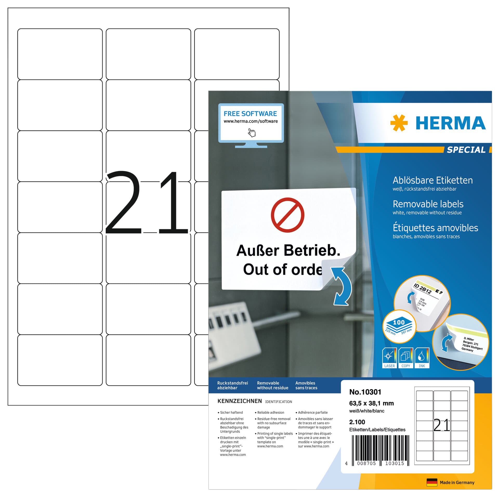 Etiket HERMA 10301 63.5x38.1mm verwijderbaar wit 2100 stuks