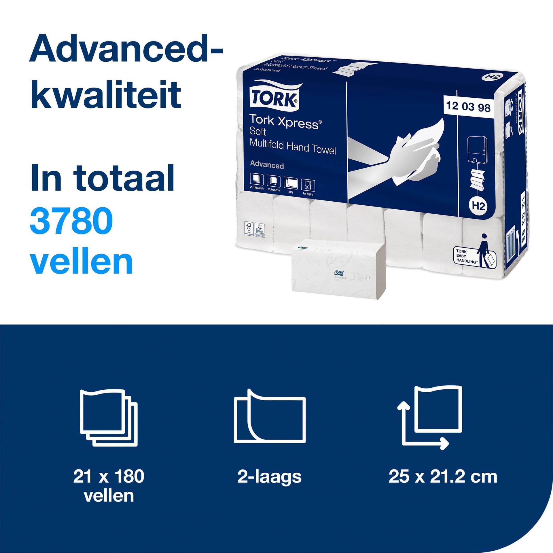 Handdoek Tork H2 Xpress Advanced multifold 2-laags 212x255mm 21x180 vel wit 120398 2