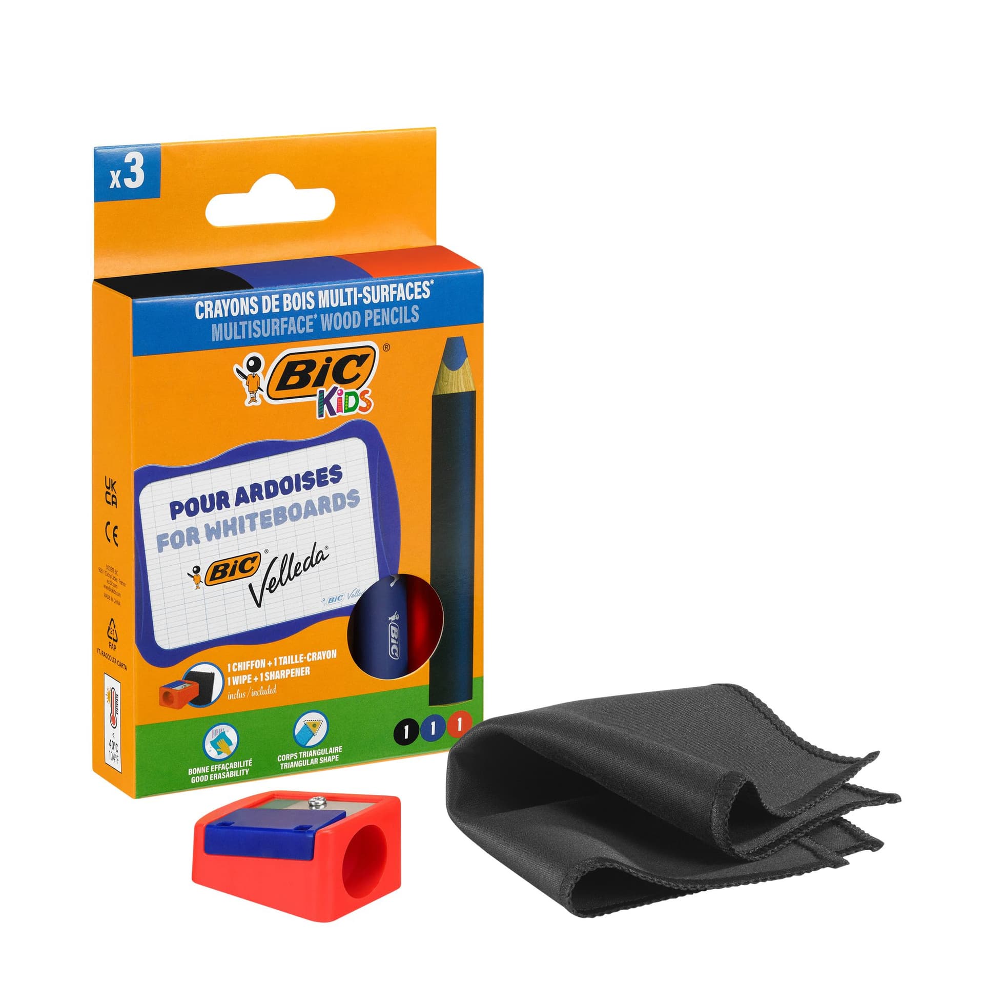 Whiteboardpotlood BicKids Multi Surface + puntenslijper/doekje ass 3st 3