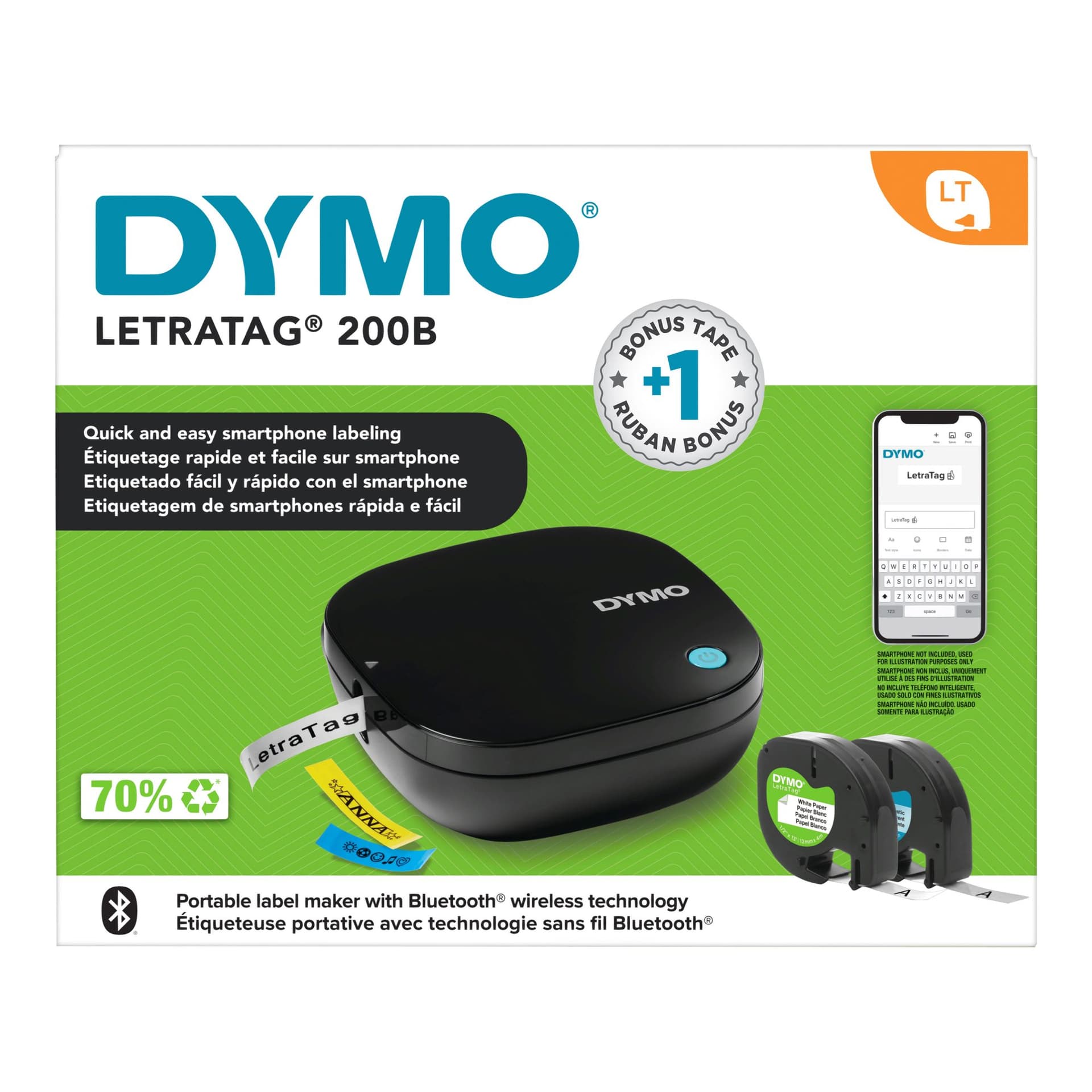 Labelprinter Dymo LetraTag 200B draagbaar bluetooth 12mm zwart promopack 2