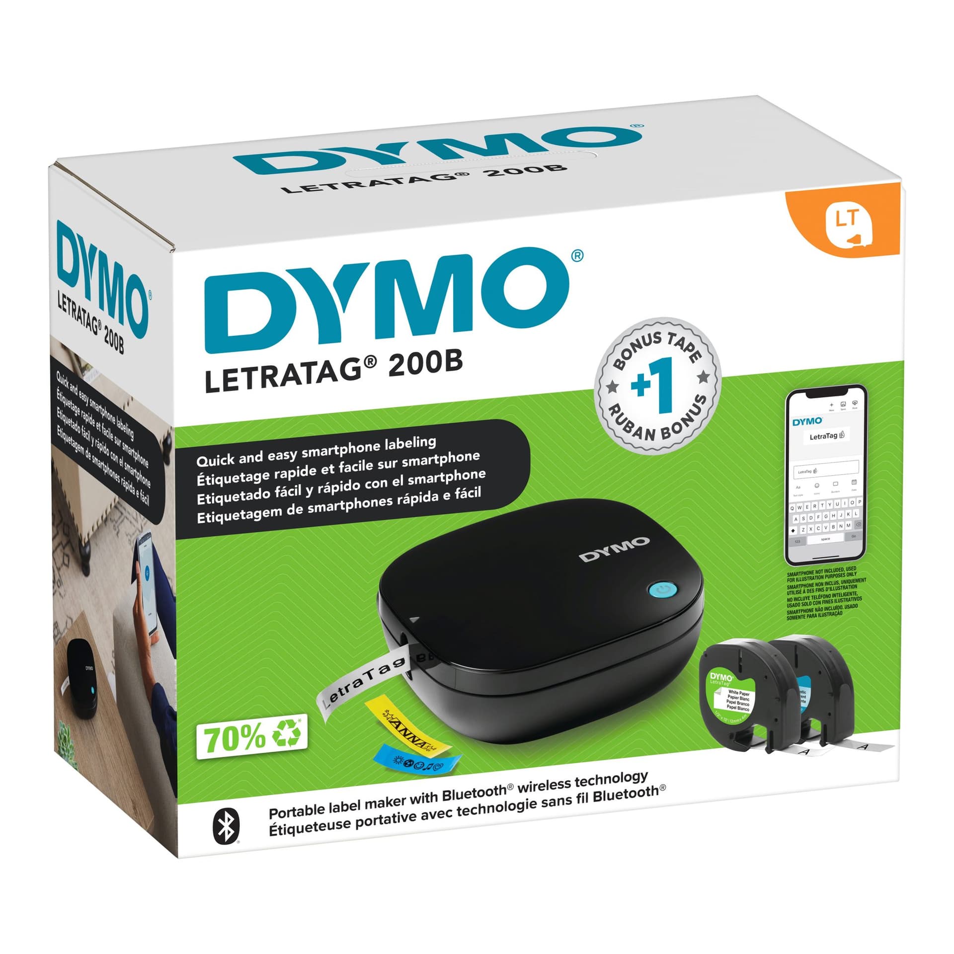 Labelprinter Dymo LetraTag 200B draagbaar bluetooth 12mm zwart promopack 3