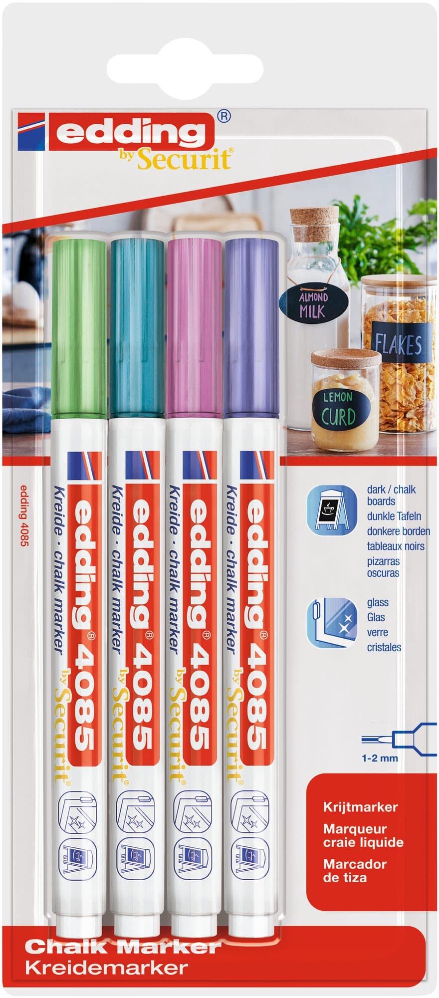 Krijtstift edding 4085 by Securit rond 1-2mm mtl assorti blister à 4st