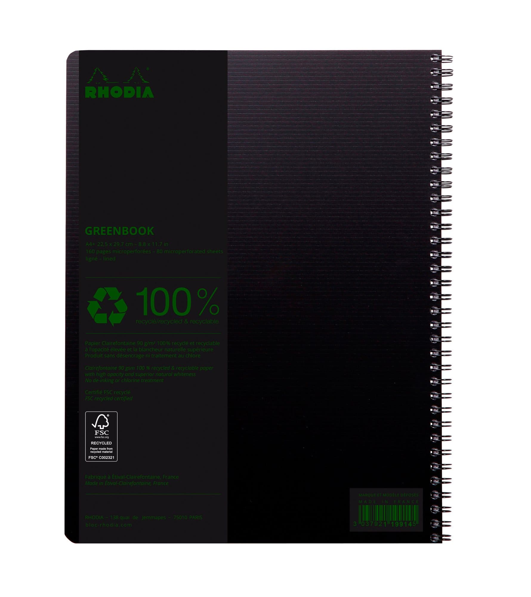 Notitieboek Rhodia Greenbook A4+ lijn 4-gaats 180 pagina's 90gr zwart 4