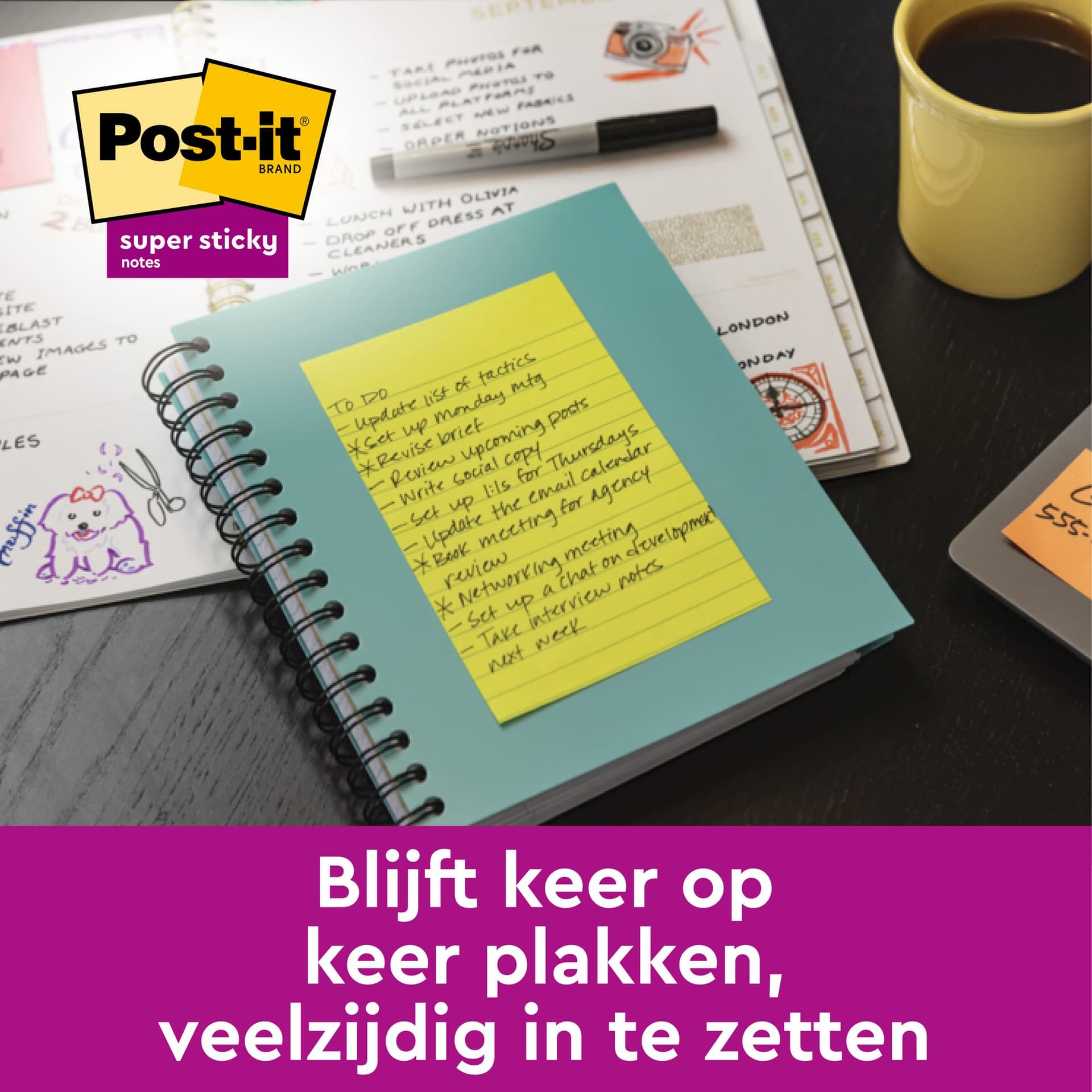 Memoblok 3M Post-it 5845 Super Sticky 127x203mm lijn assorti kleur 90 vel 3