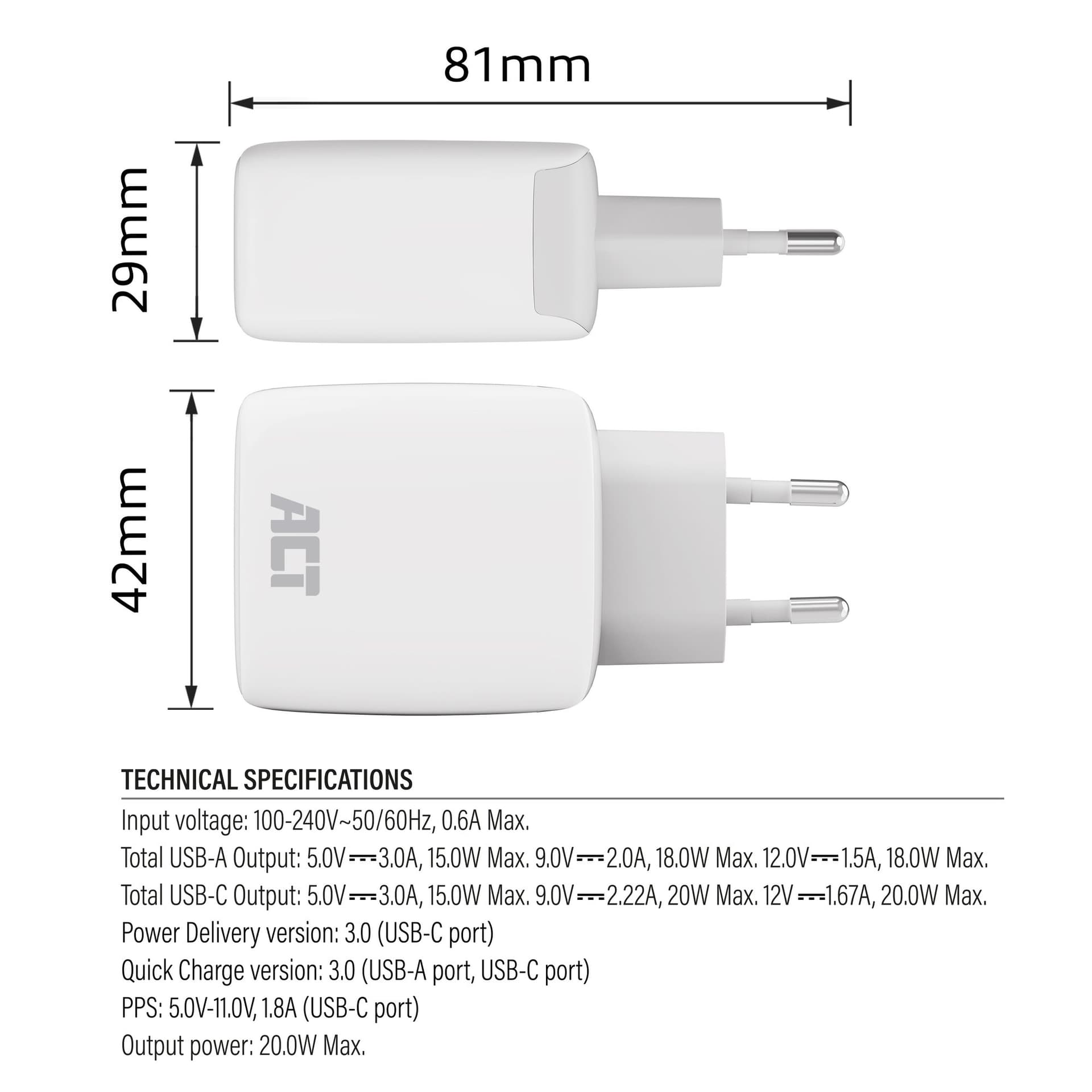 Oplader ACT 20w 2-poorts usb a+c wit 5