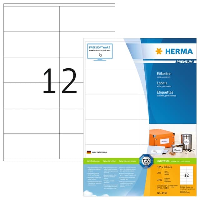 Etiket HERMA 4635 105x48mm premium wit 2400 stuks