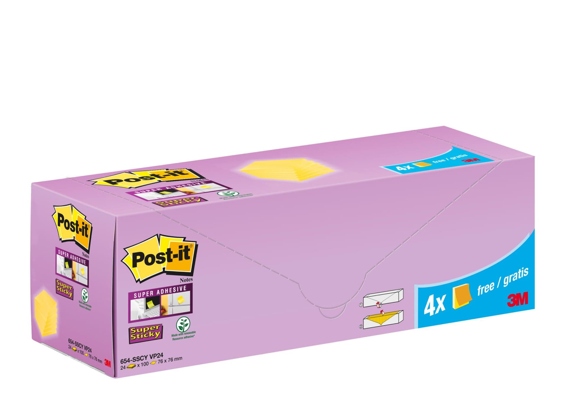Memoblok 3M Post-it 654-SSCY Super Sticky 76x76mm geel voordeelpak 2