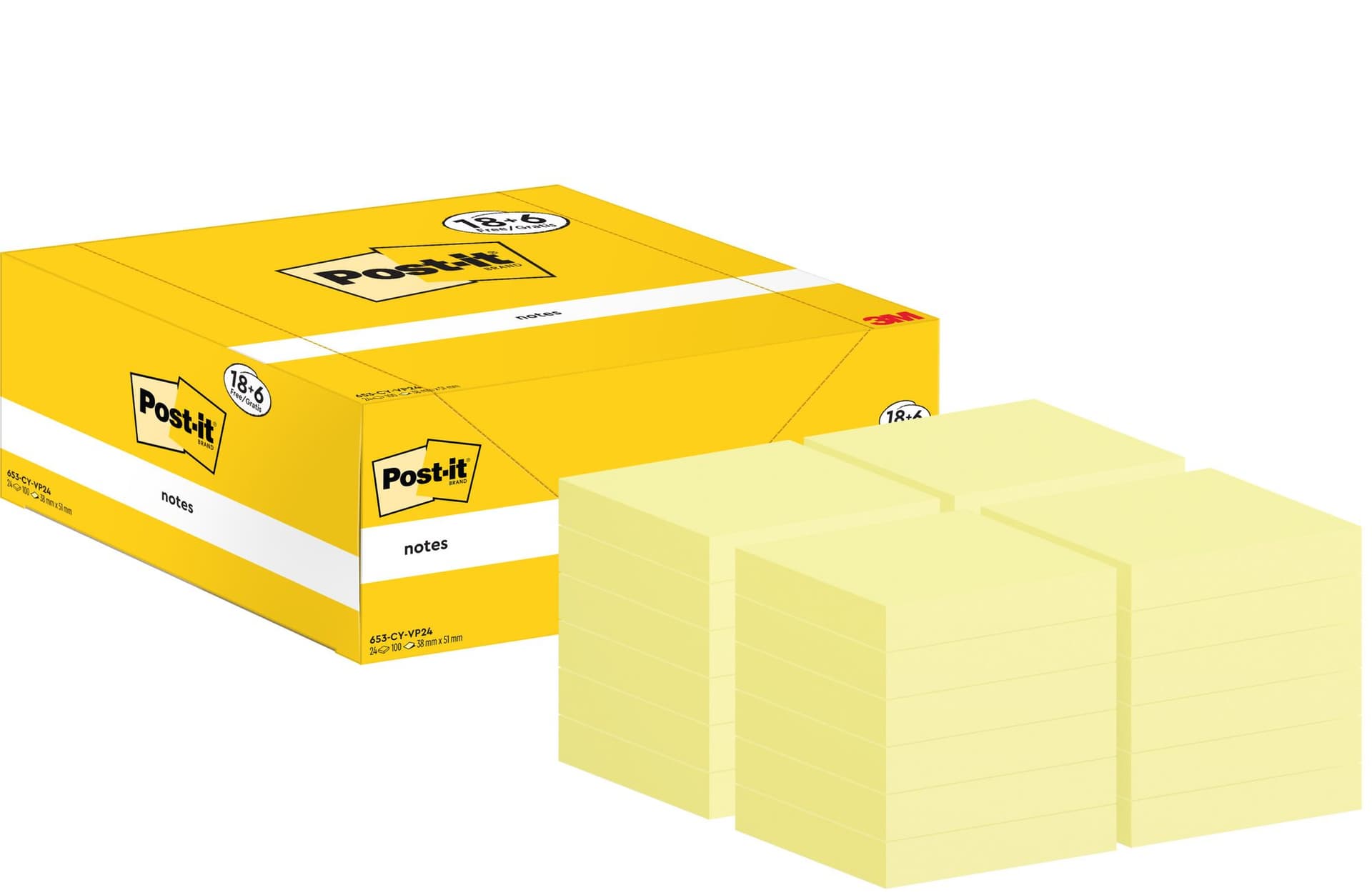 Memoblok 3M Post-it 653-CY 38x51mm geel voordeelpak 3