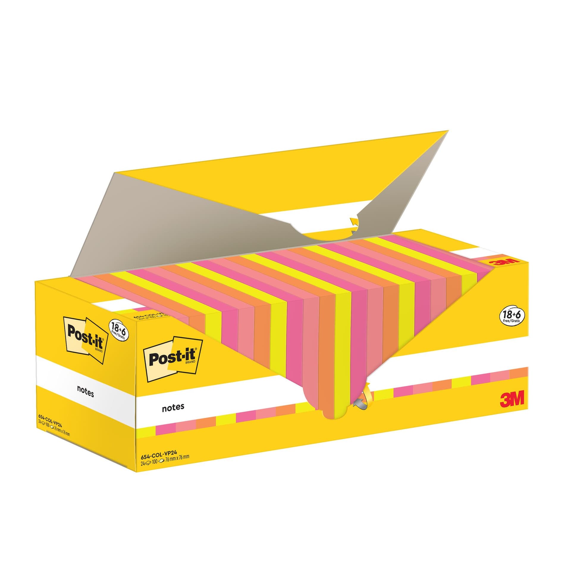 Memoblok 3M Post-it 654-COL 76x76mm kleur ass voordeelpak 2