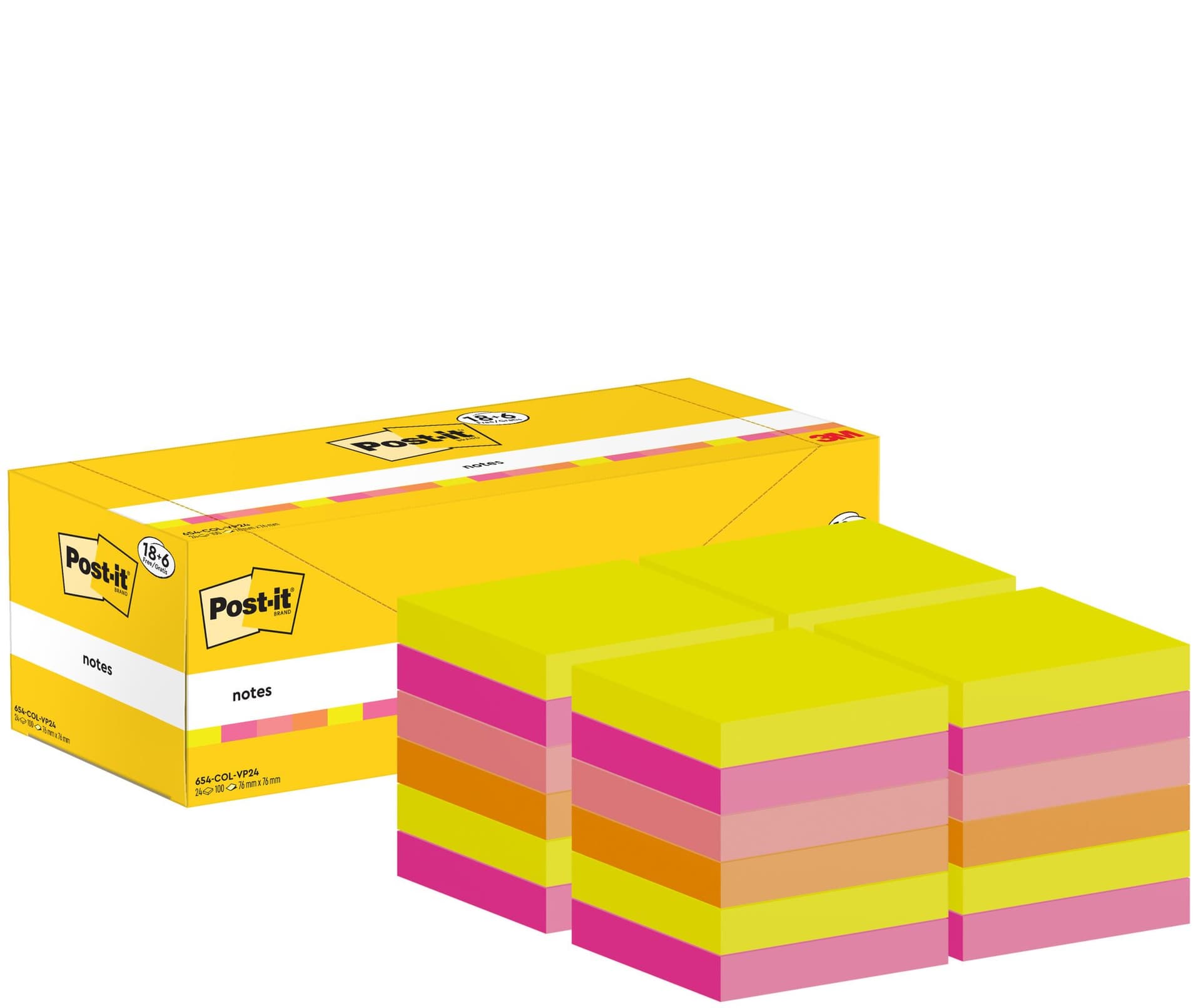 Memoblok 3M Post-it 654-COL 76x76mm kleur ass voordeelpak 3