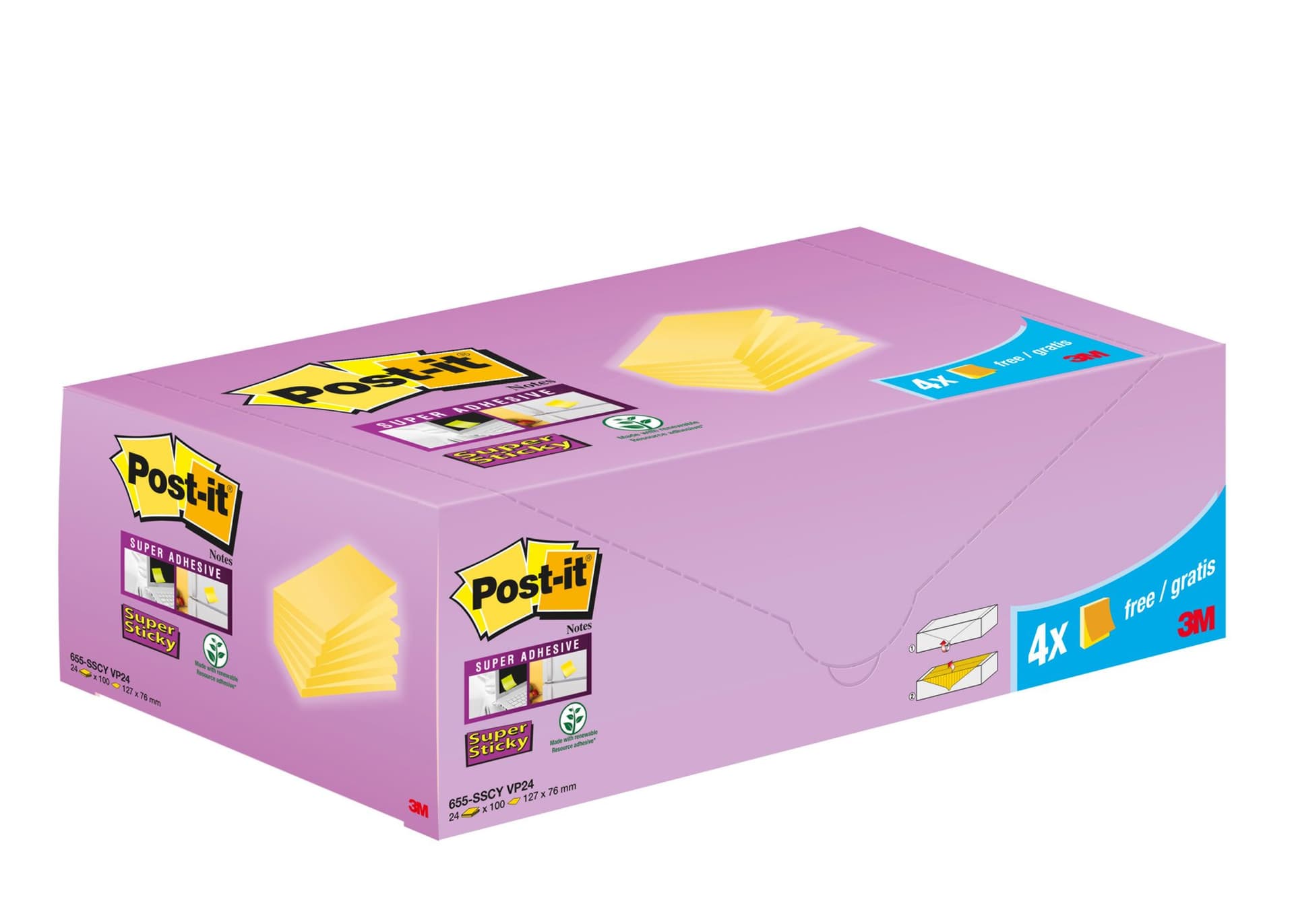 Memoblok 3M Post-it 655-SSCY Super Sticky 76x127mm geel voordeelpak 2