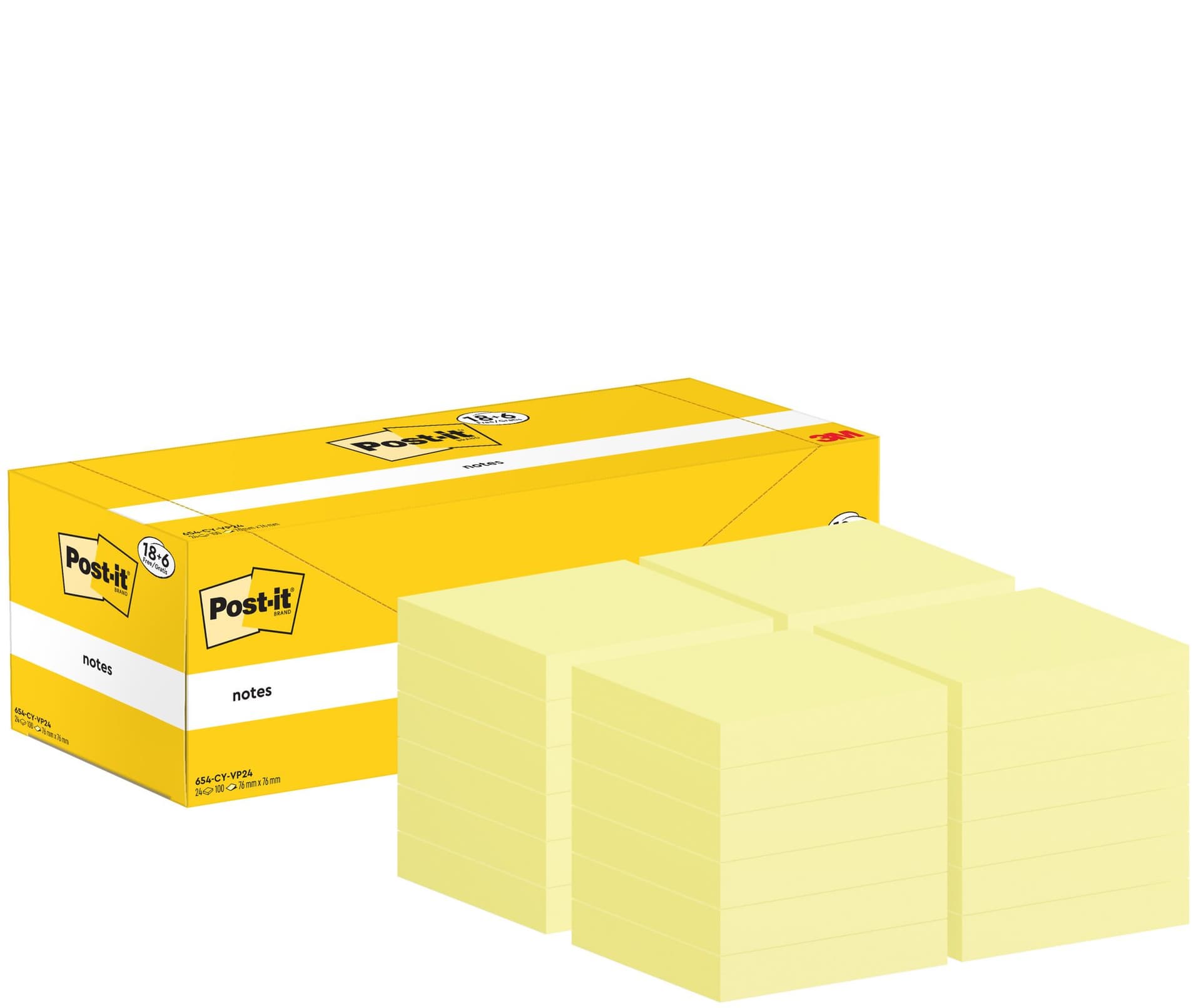 Memoblok 3M Post-it 654-CY 76x76mm geel voordeelpak 3