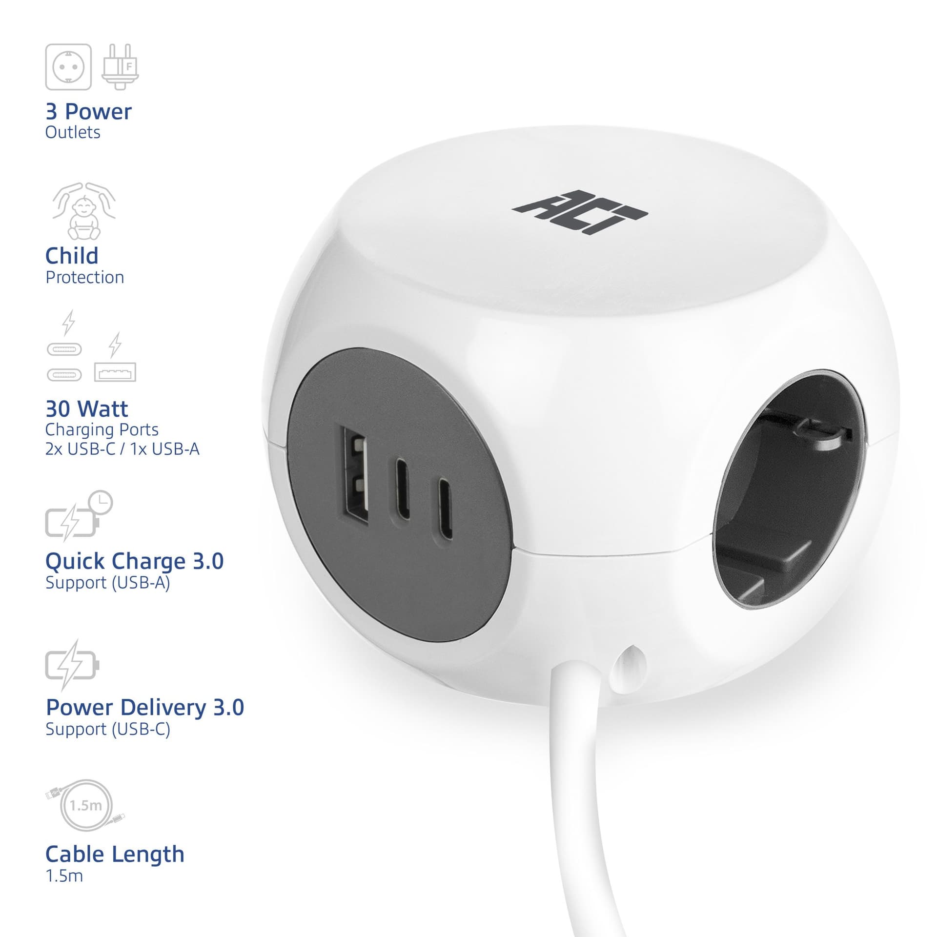 Stekkerblok ACT 3 voudig  inclusief 2x USB C/A 1.5 meter wit/grijs 2