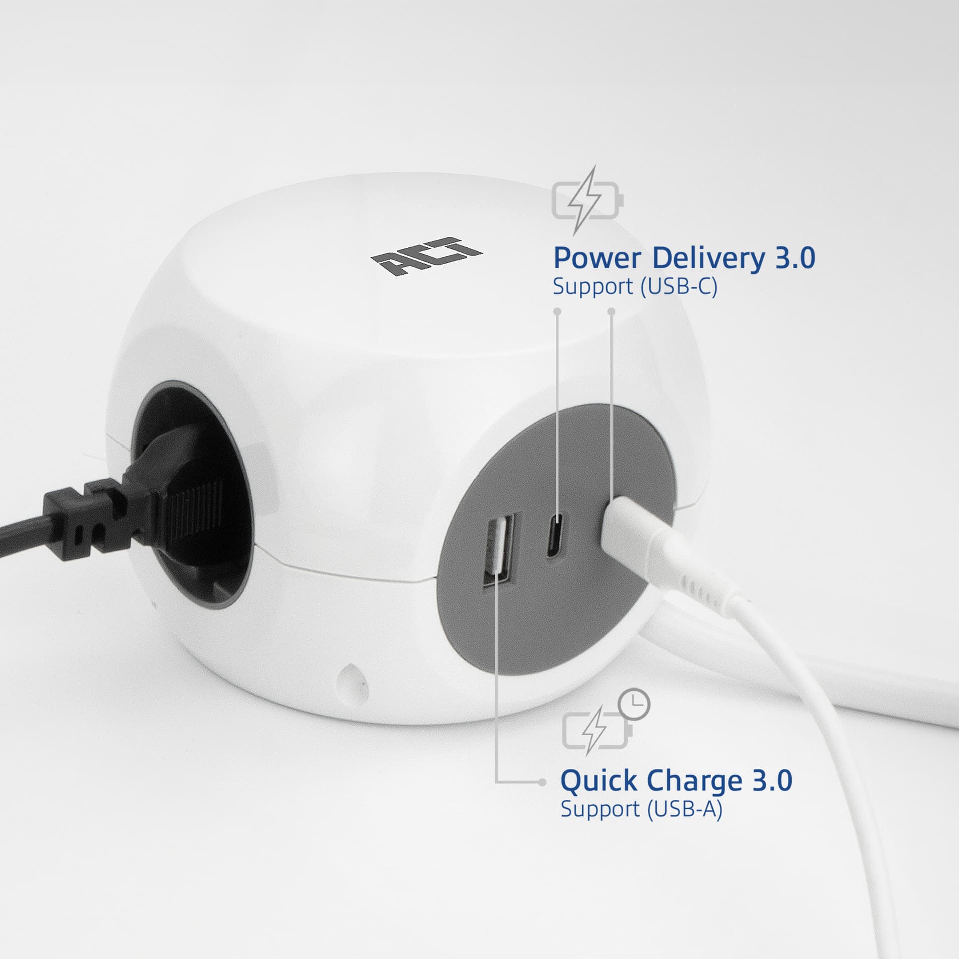 Stekkerblok ACT 3 voudig  inclusief 2x USB C/A 1.5 meter wit/grijs 3