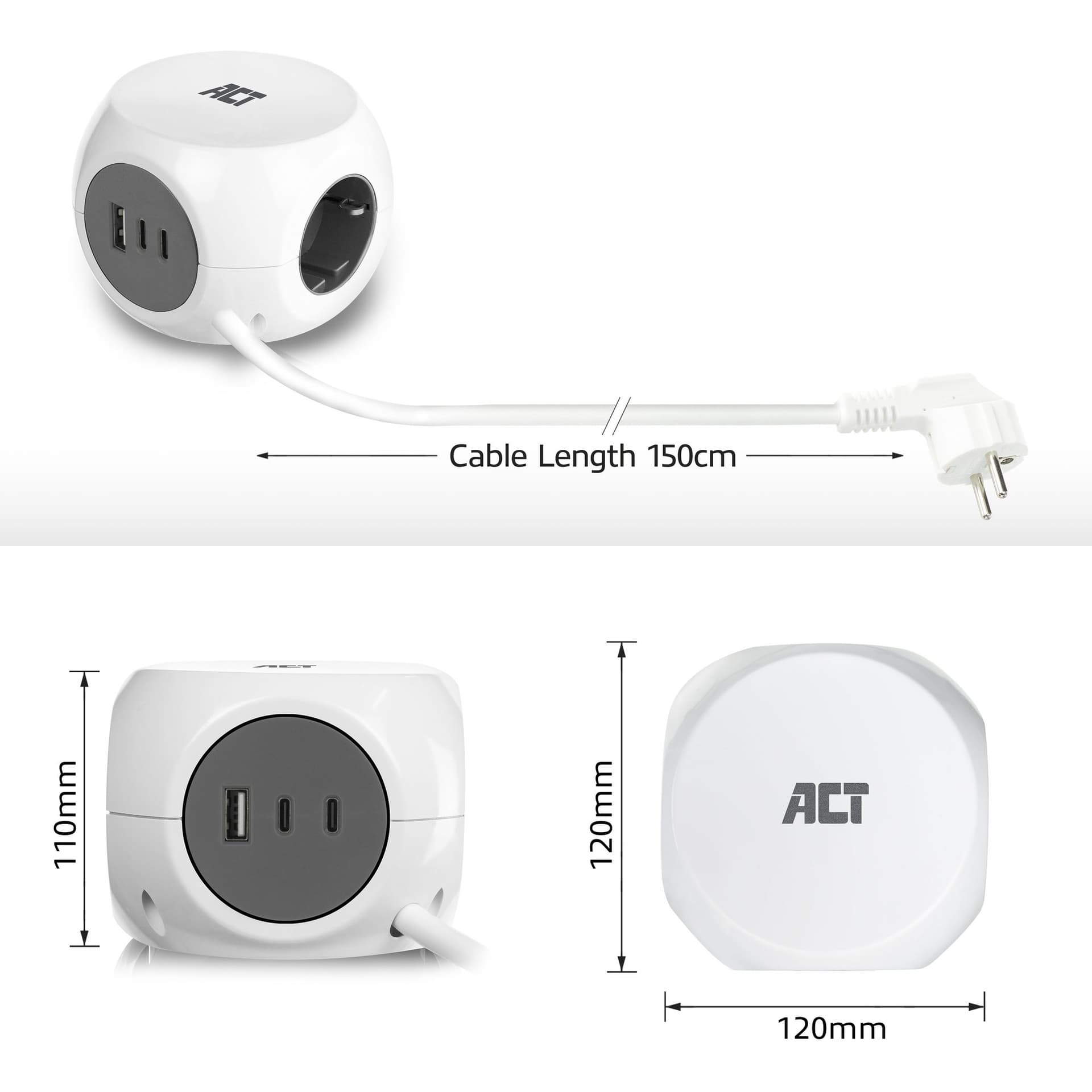 Stekkerblok ACT 3 voudig  inclusief 2x USB C/A 1.5 meter wit/grijs 5
