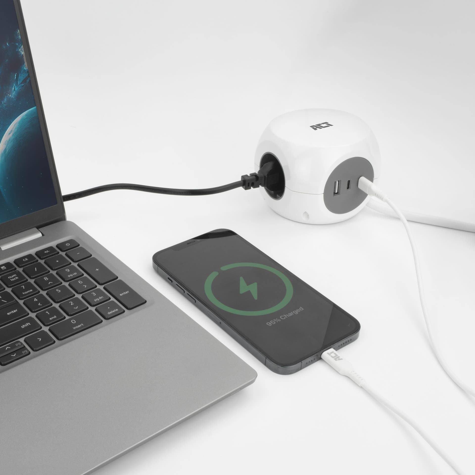 Stekkerblok ACT 3 voudig  inclusief 2x USB C/A 1.5 meter wit/grijs 7