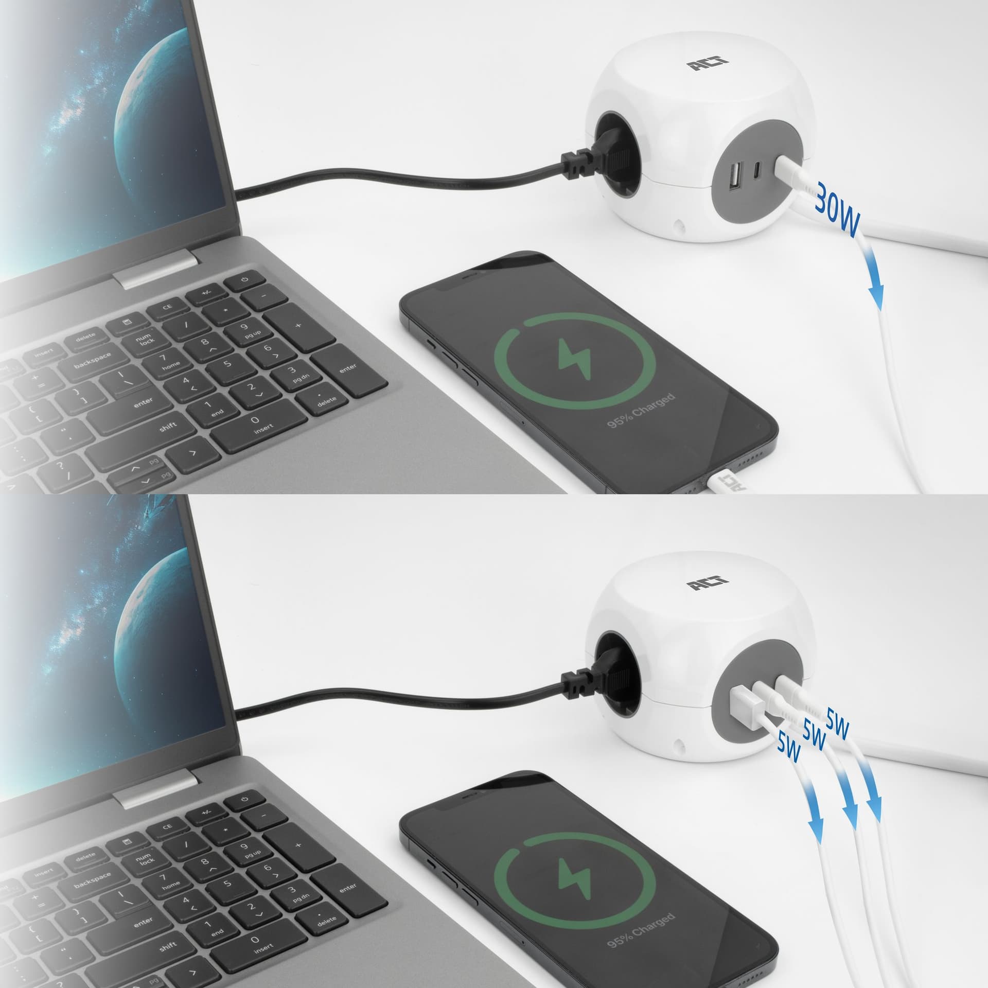Stekkerblok ACT 3 voudig  inclusief 2x USB C/A 1.5 meter wit/grijs 8