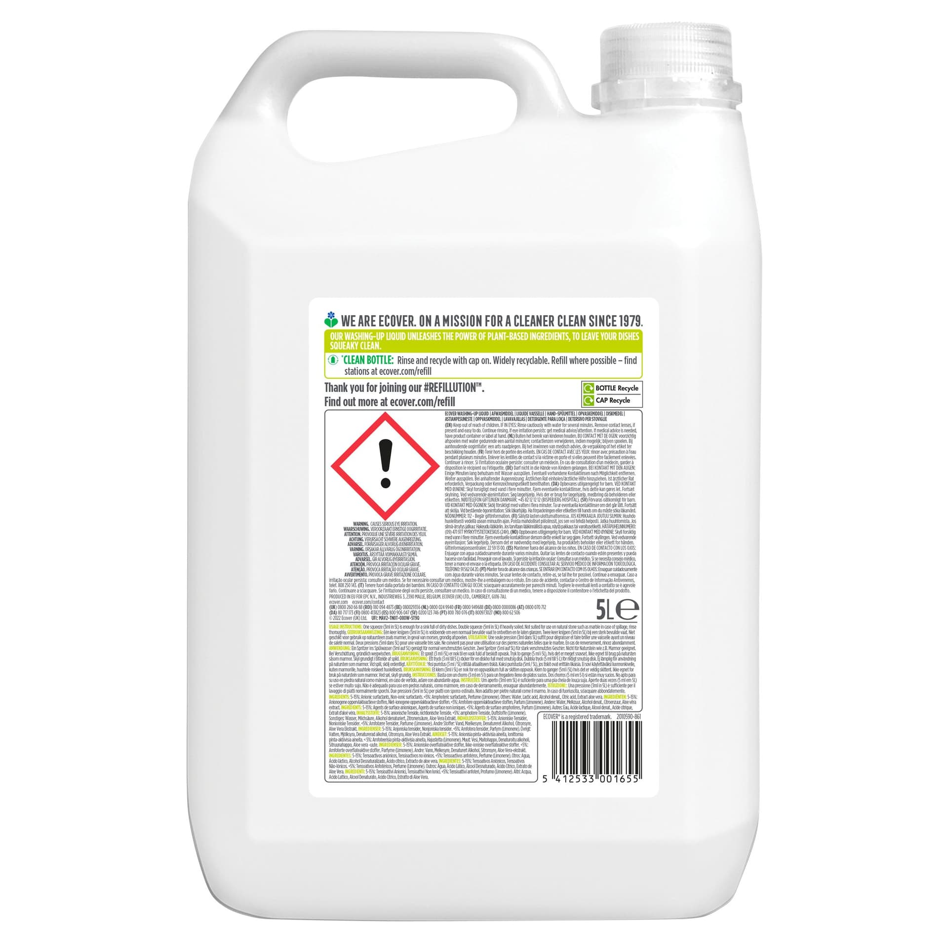 Afwasmiddel Ecover citroen & aloë vera navulling 5L 2