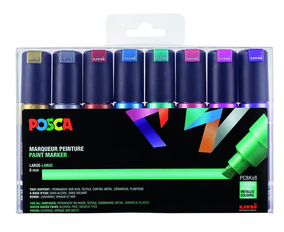 Paintmarker Uni POSCA PC8K breed schuin metallic assorti set à 8 stuks