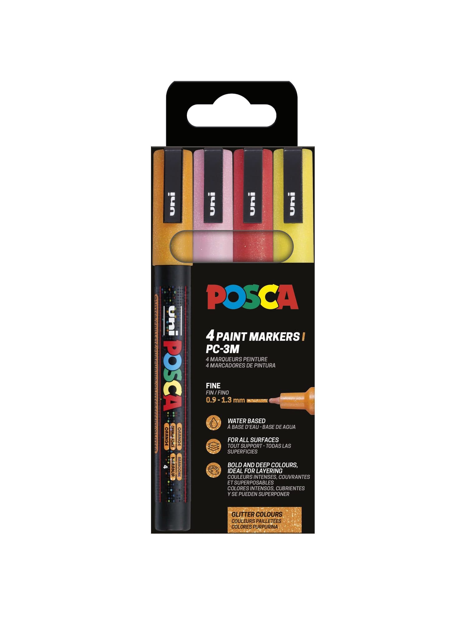 Paintmarker Uni POSCA PC3M fijn glitter warm assorti set à 4 stuks