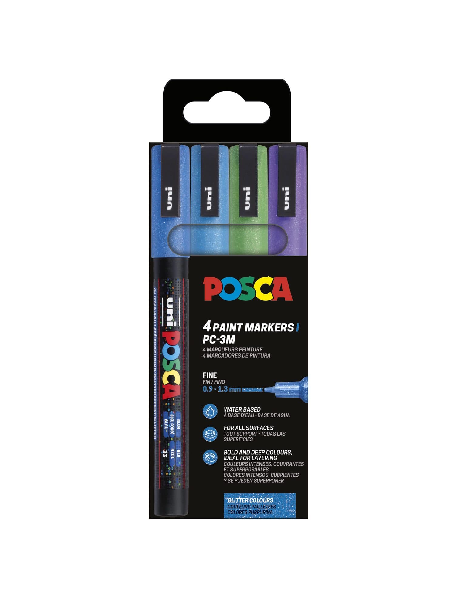 Paintmarker Uni POSCA PC3M fijn glitter koel assorti set à 4 stuks
