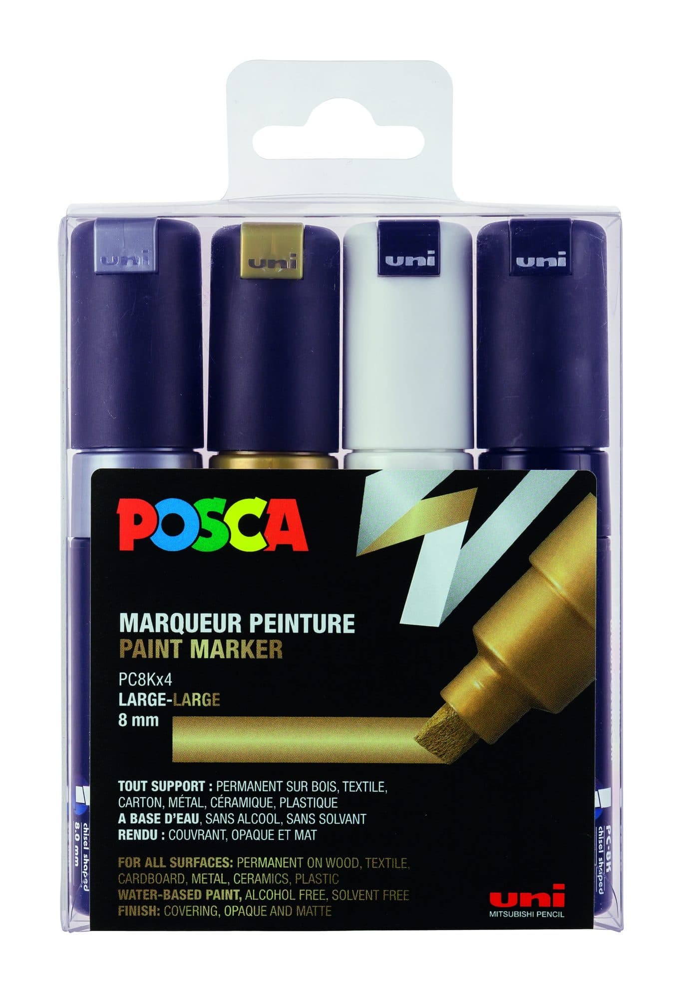 Paintmarker Uni POSCA PC8K breed schuin assorti set à 4 stuks