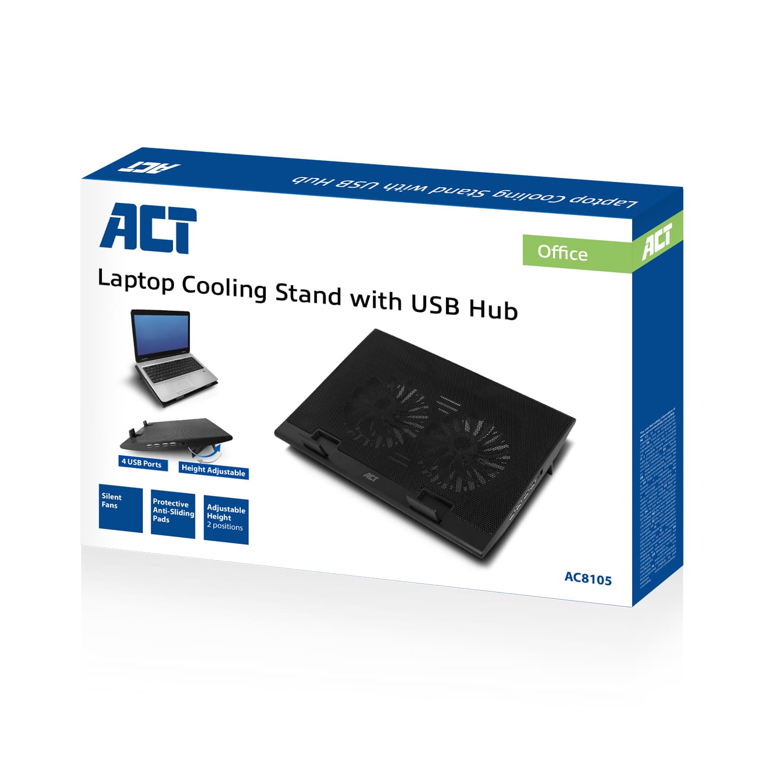 Laptopstandaard ACT 2 standen met ventilator 4-p hub 2