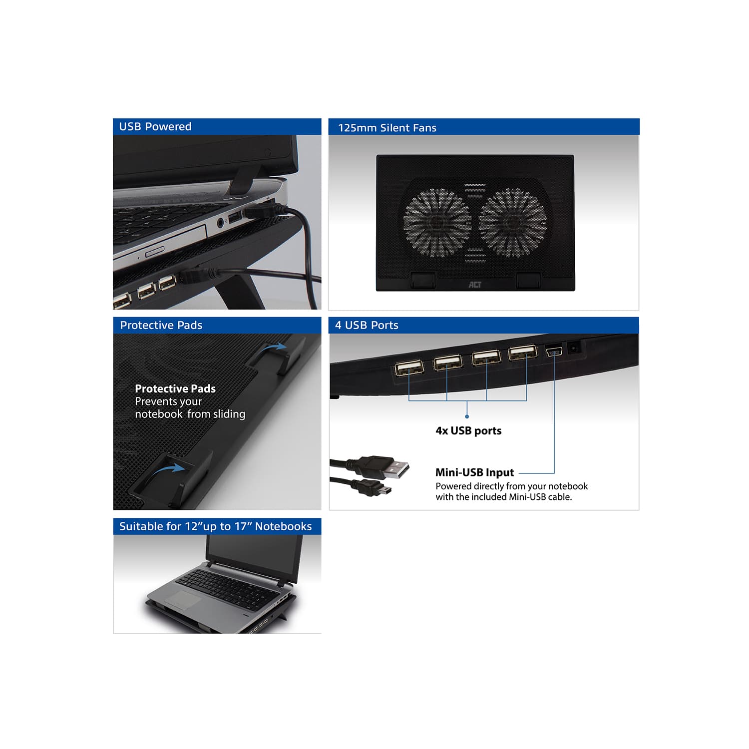 Laptopstandaard ACT 2 standen met ventilator 4-p hub 6