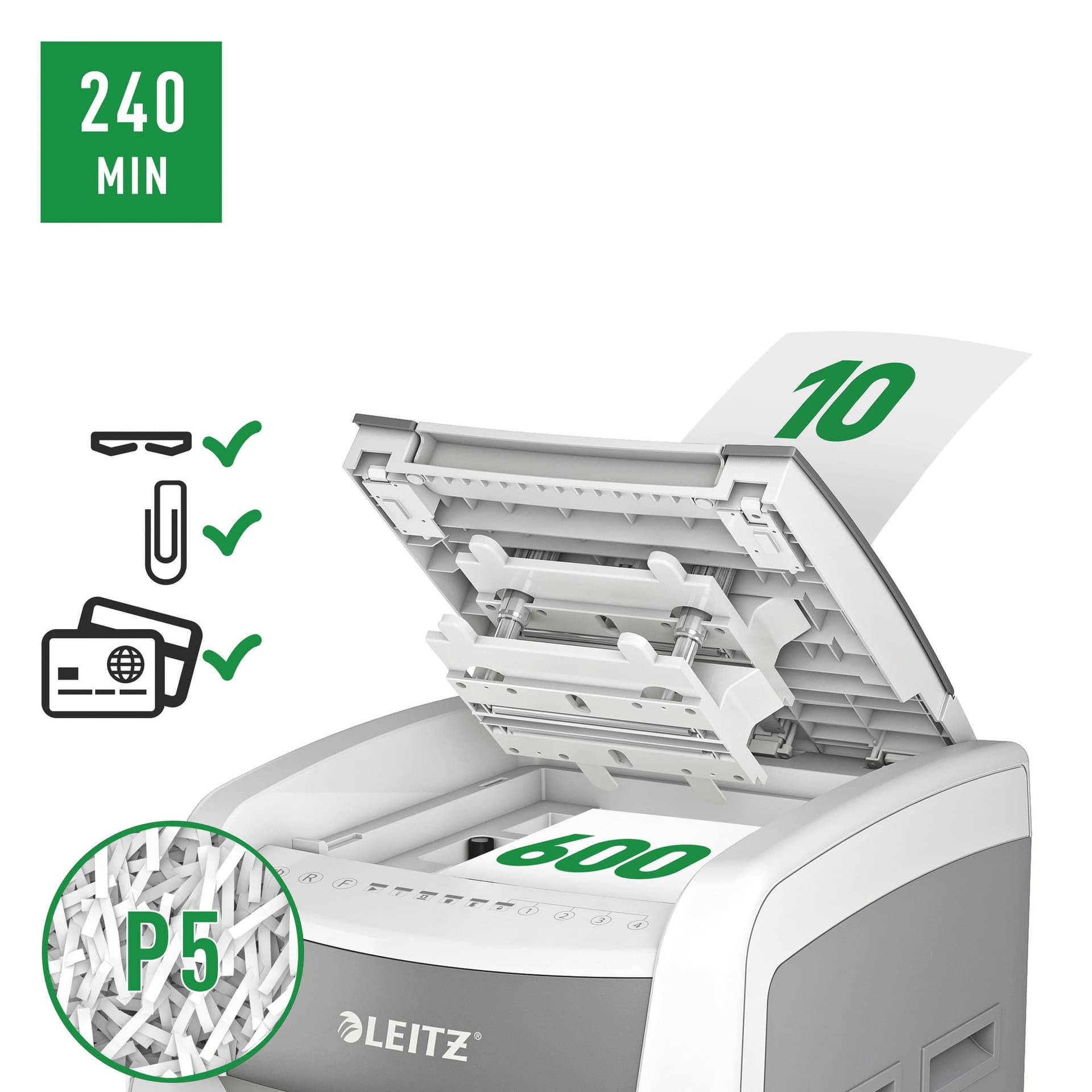 Papiervernietiger Leitz IQ Auto+ Office Pro 600 P5 snippers 2x15mm 6