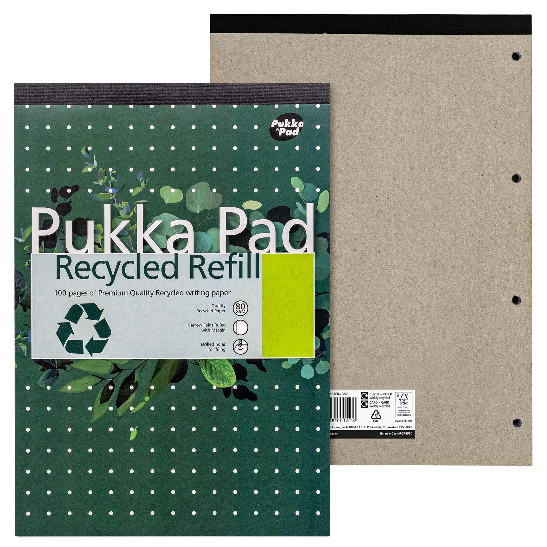 Schrijfblok Pukka Pad Recycled A4 lijn 4-gaats 100 vel 80gr 5