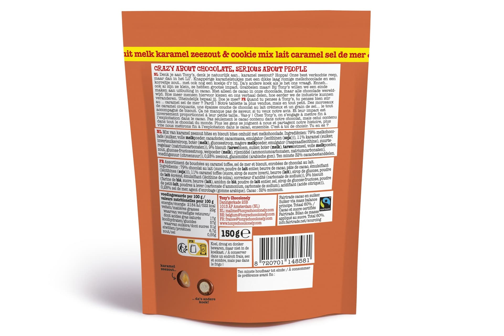 Chocolade Tony's Chocolonely Lil' Bits melk karamel zeezout & cookie 150 gram 2