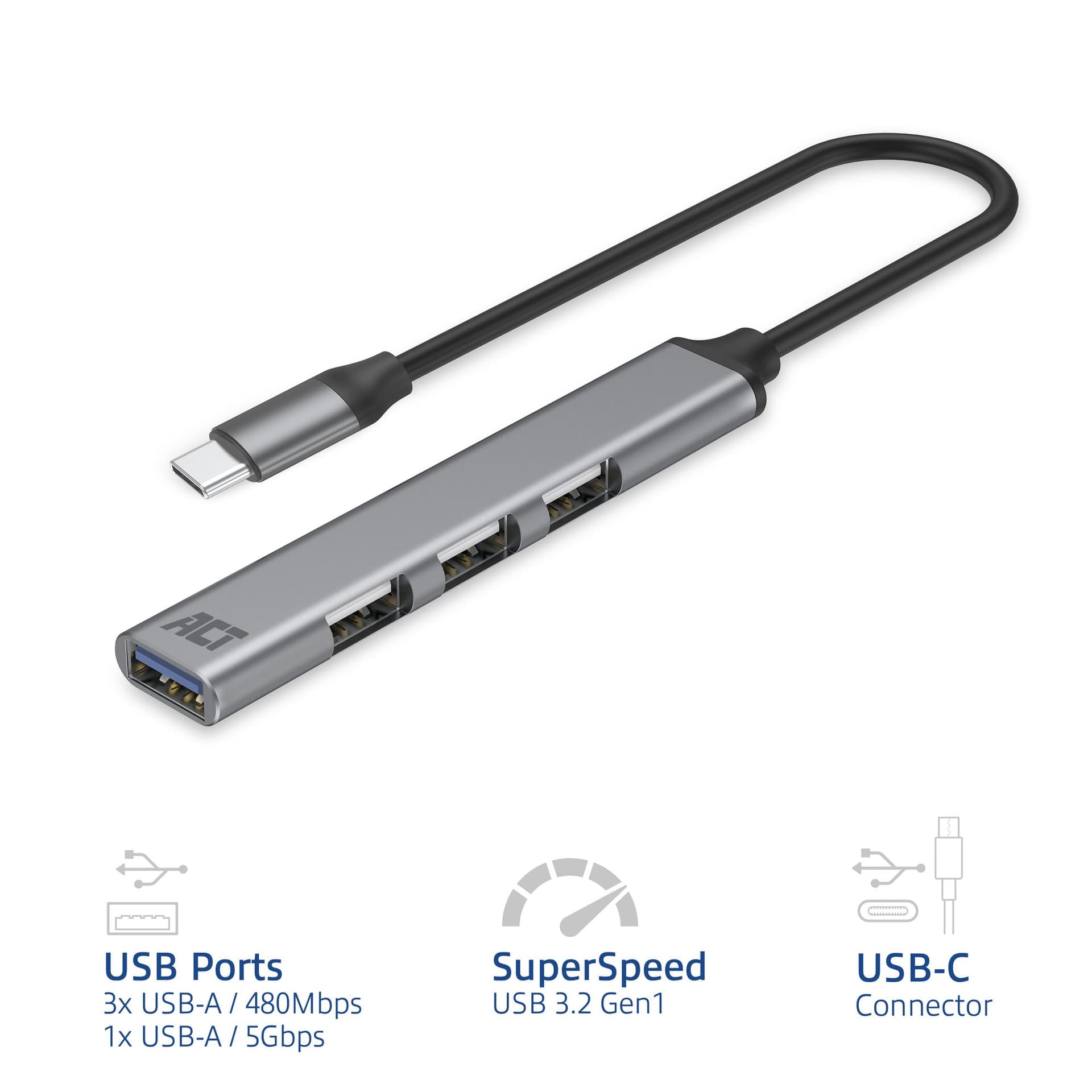 Hub ACT USB-C 3x USB-A 2.0 en 1x USB-A 3.0 2