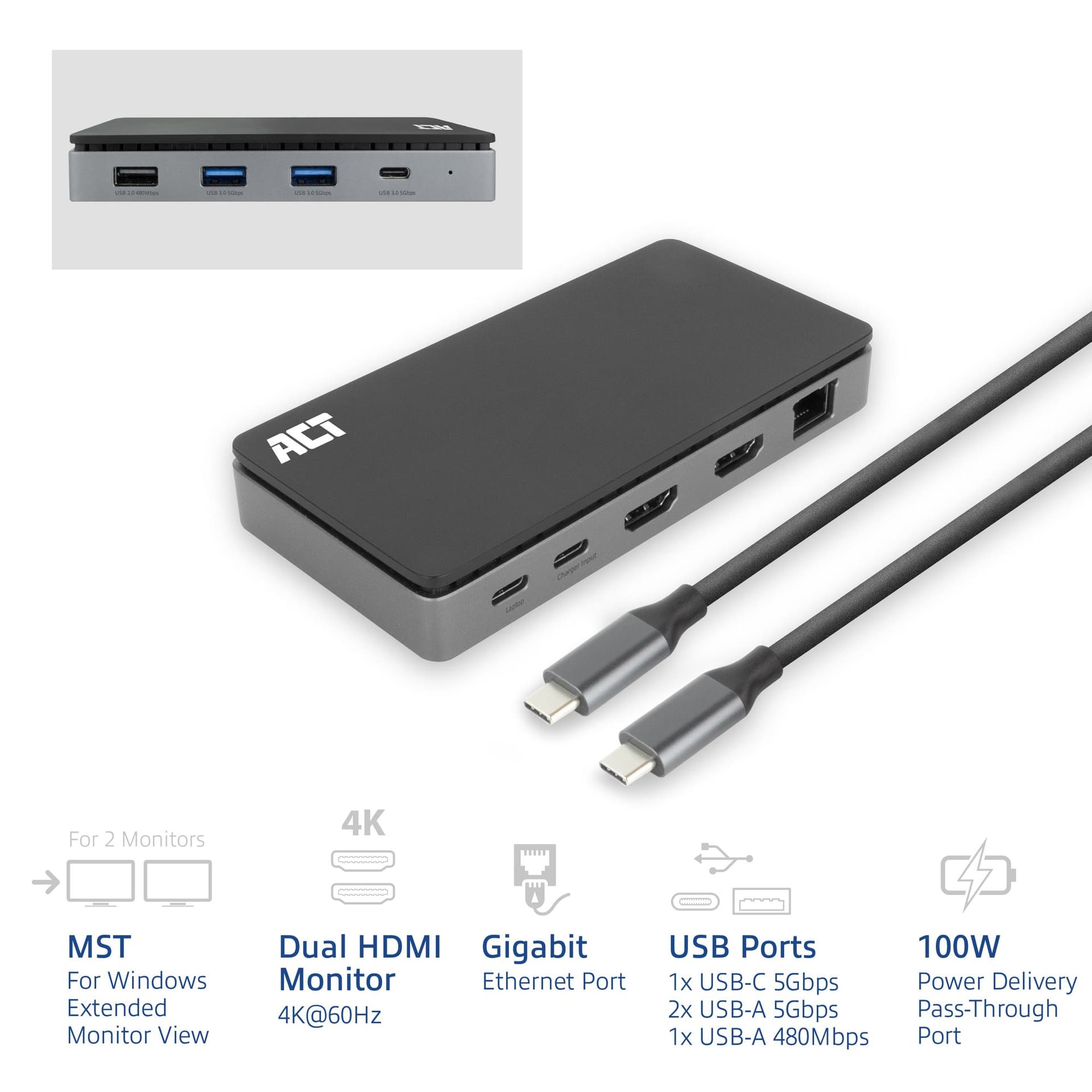 Dockingstation ACT USB-C 4K MST voor 2 HDMI monitoren 2