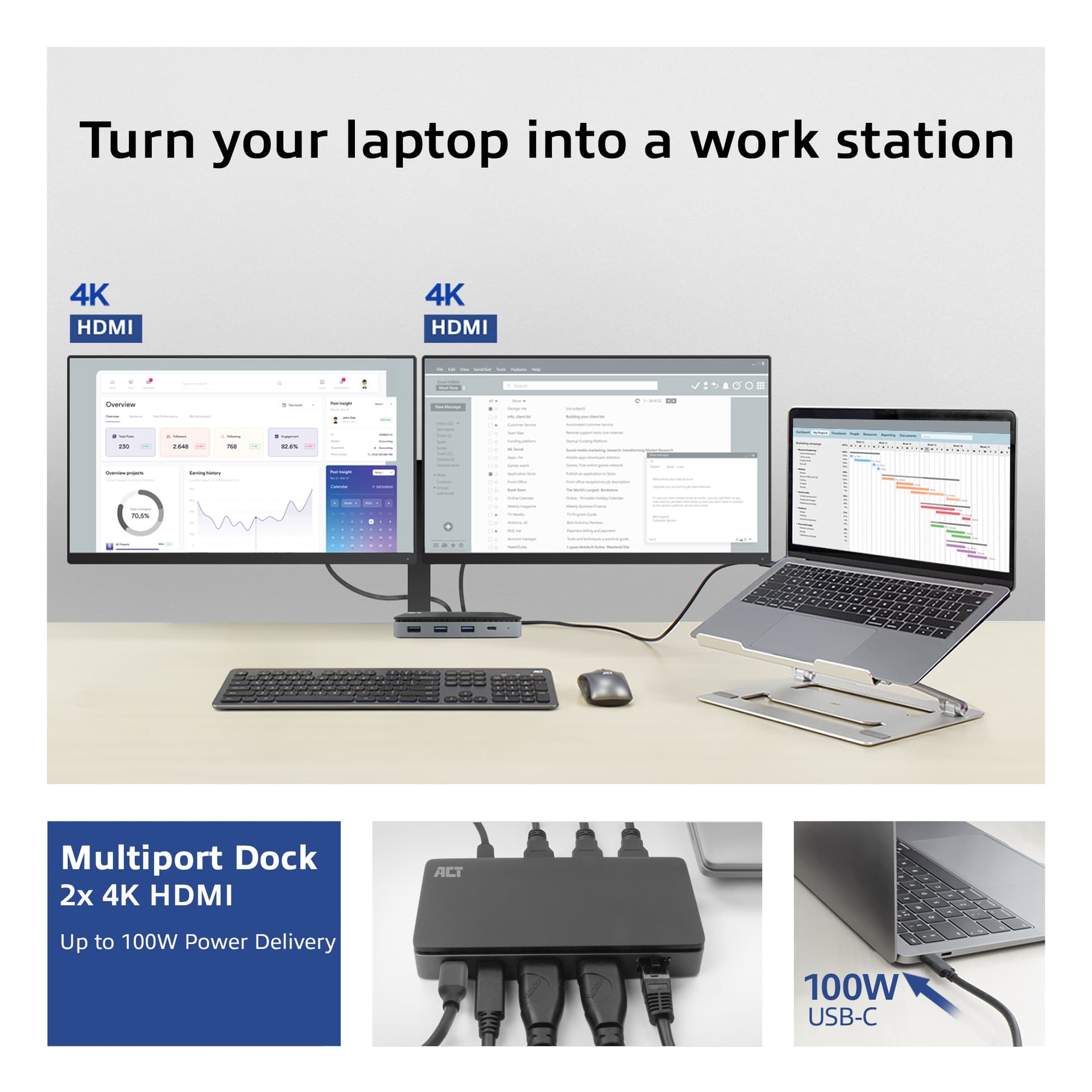 Dockingstation ACT USB-C 4K MST voor 2 HDMI monitoren 8