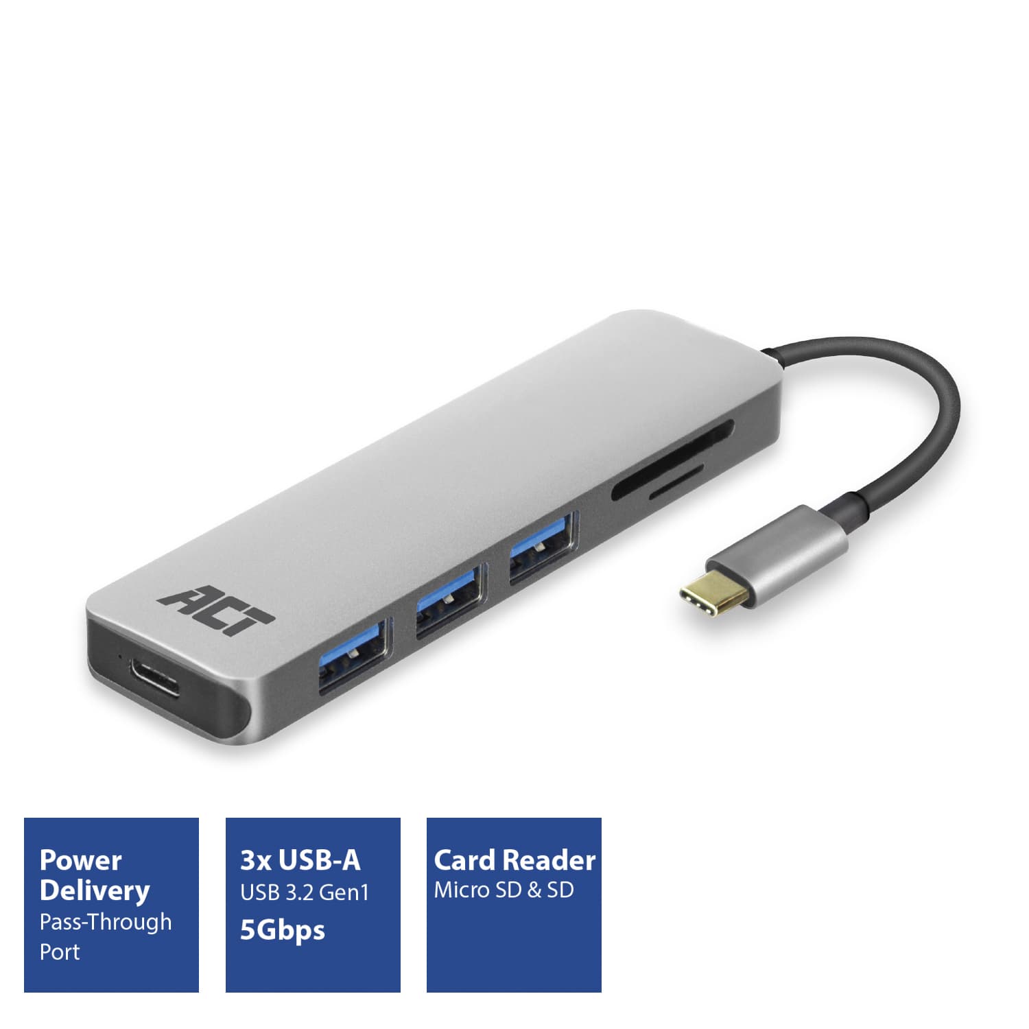 Hub ACT USB-C 3.0, 3x USB-A cardreader PD p-through 2