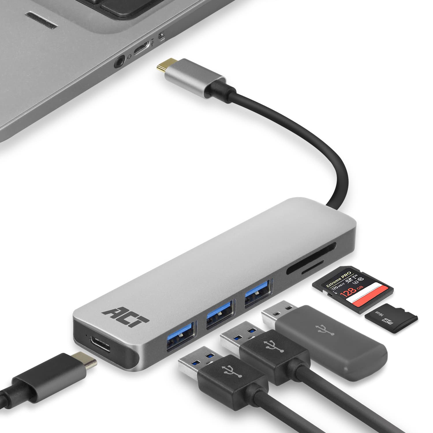 Hub ACT USB-C 3.0, 3x USB-A cardreader PD p-through 3