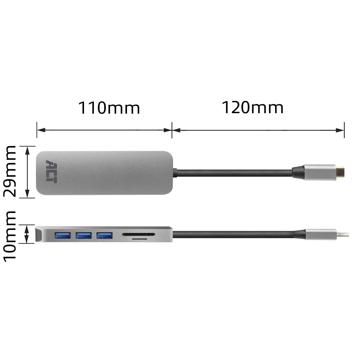 Hub ACT USB-C 3.0, 3x USB-A cardreader PD p-through 4