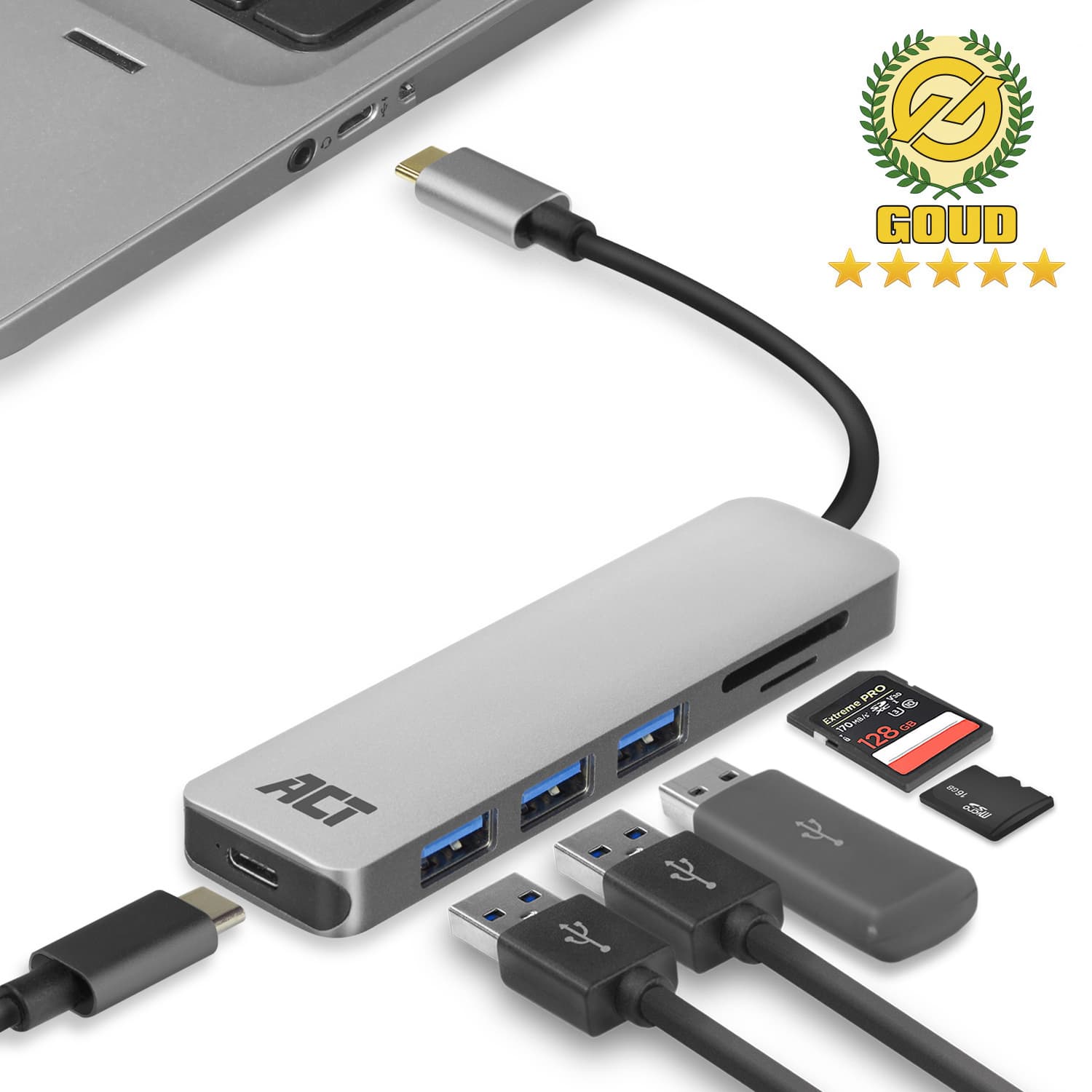 Hub ACT USB-C 3.0, 3x USB-A cardreader PD p-through 5