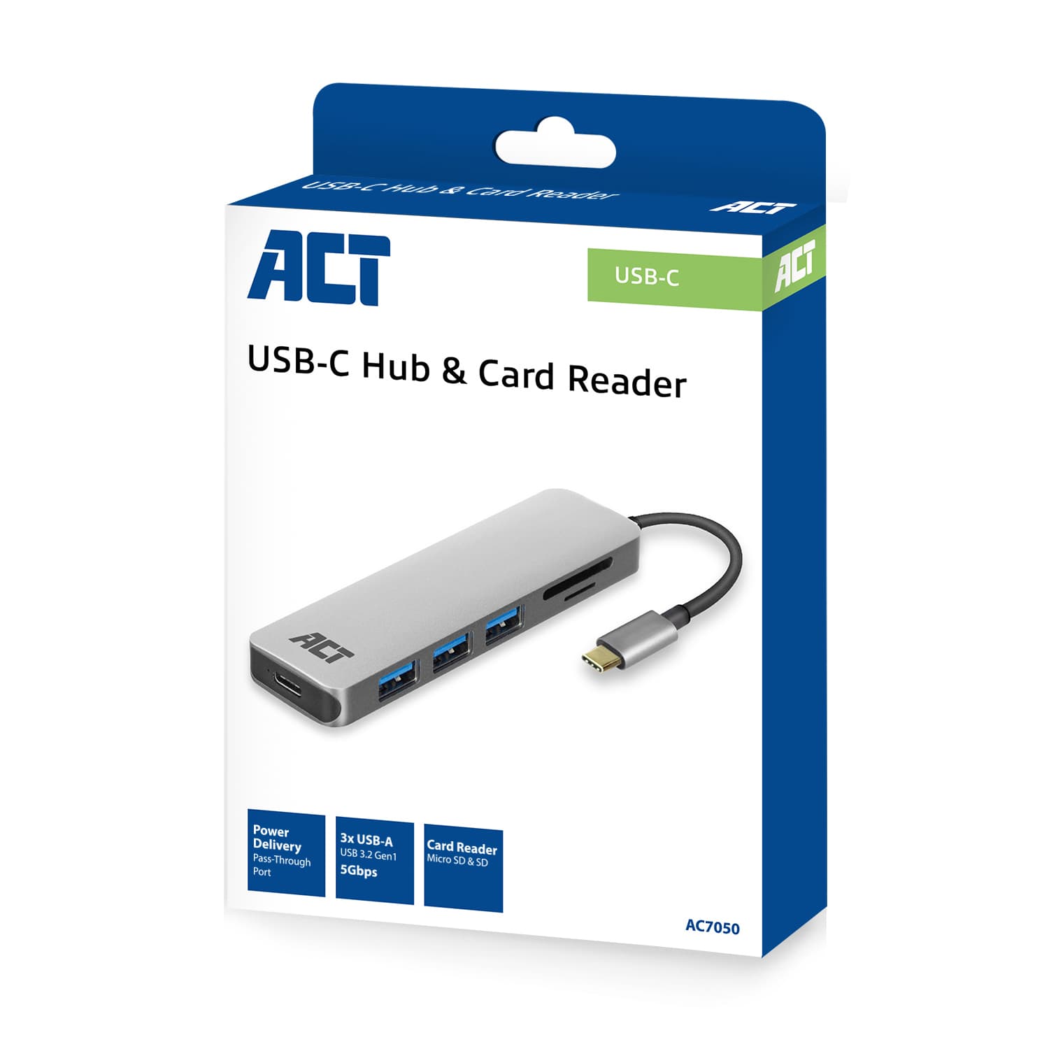 Hub ACT USB-C 3.0, 3x USB-A cardreader PD p-through 7