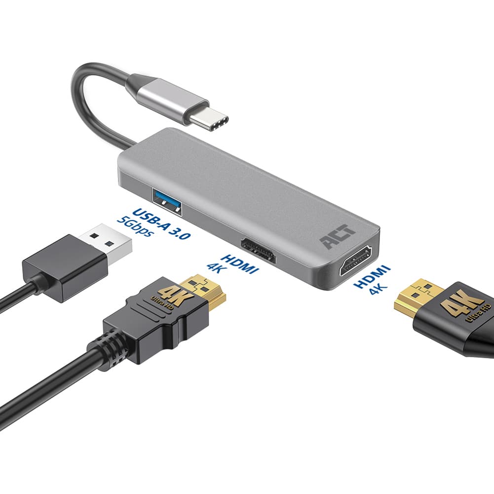 Adapter ACT USB-C 4K multiport voor 2 HDMI monitoren 4