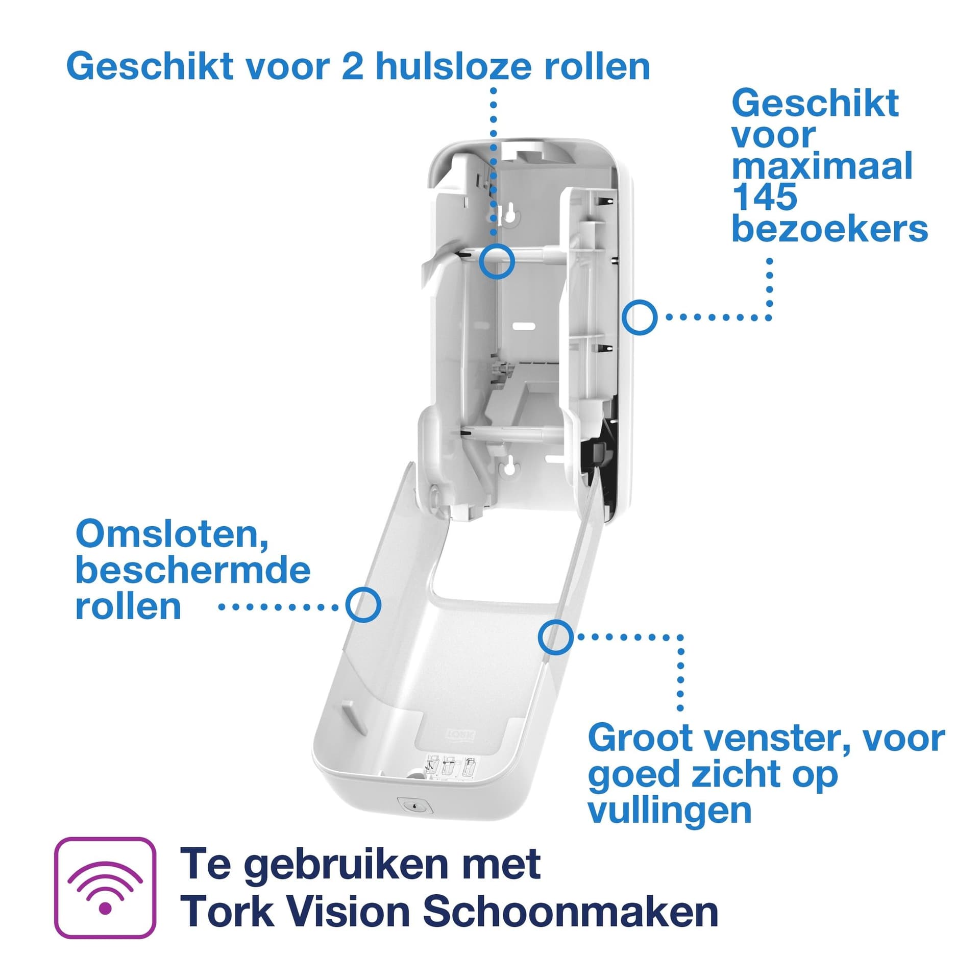 Toiletpapierdispenser Tork T7 Elevation OptiServe Coreless medium verticaal duo wit 558040 3