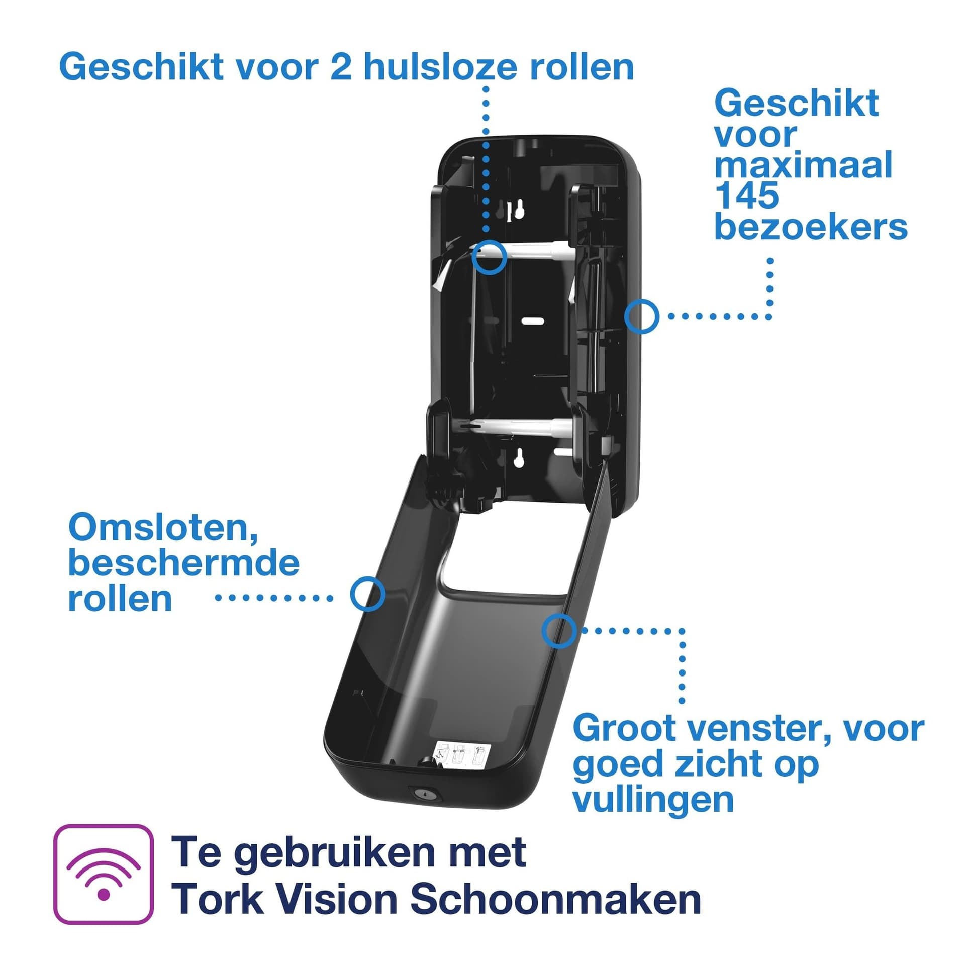 Toiletpapierdispenser Tork T7 Elevation OptiServe Coreless medium verticaal duo zwart 558042 3