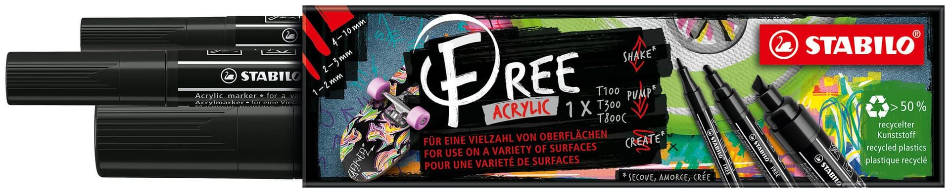 Acrylmarker STABILO  Free Acrylic Mixed Tip set à 3 breedtes zwart 2