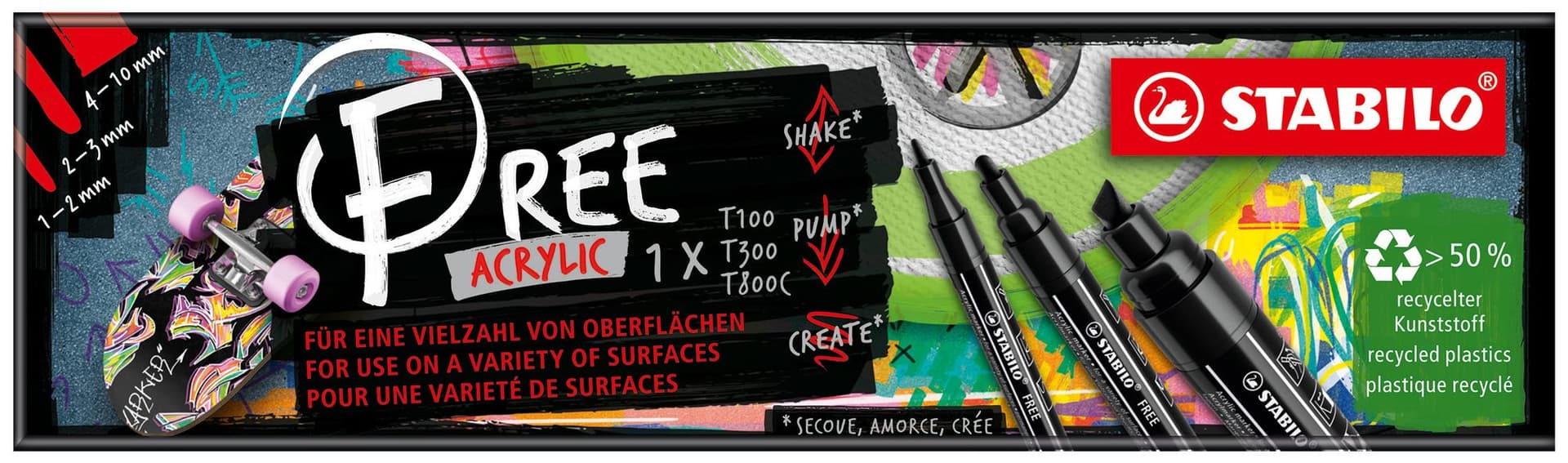 Acrylmarker STABILO  Free Acrylic Mixed Tip set à 3 breedtes zwart 3