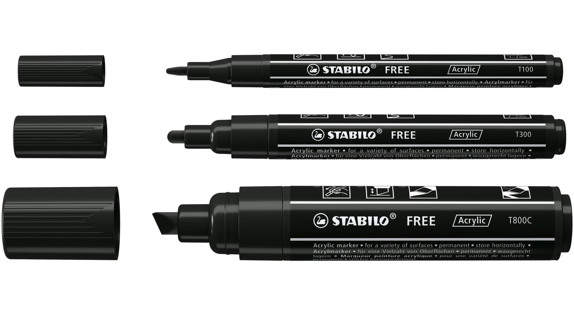Acrylmarker STABILO  Free Acrylic Mixed Tip set à 3 breedtes zwart 4