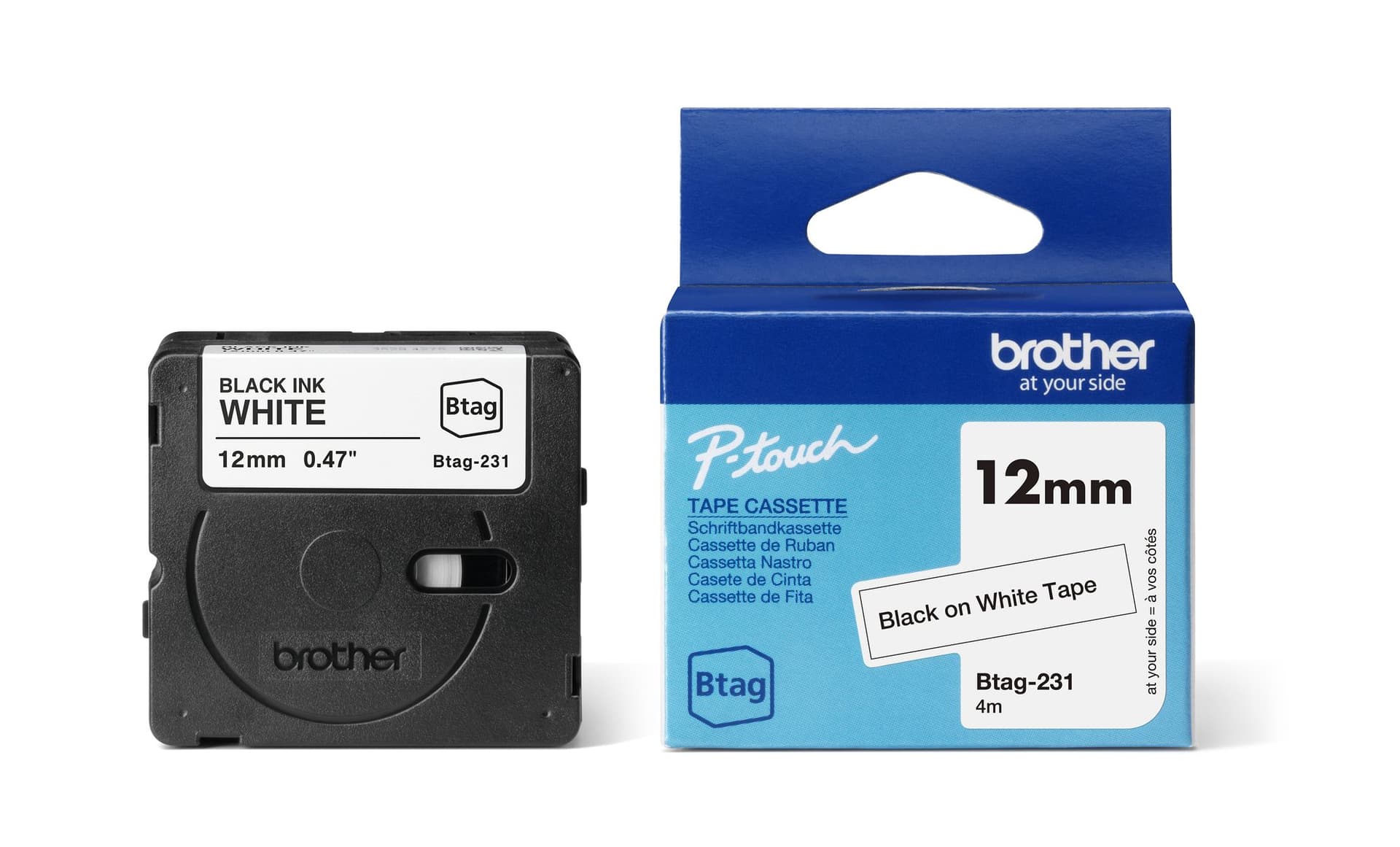 Labeltape Brother P-touch Btag-231 standaard 12mm zwart op wit 3